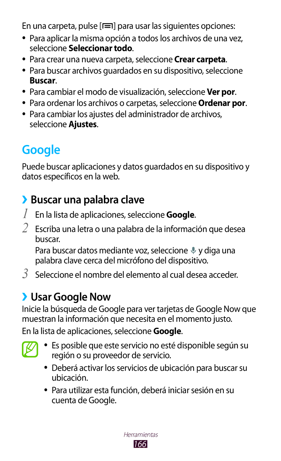 Samsung GT-N7000ZBAFOP, GT-N7000RWATMN, GT-N7000ZBEPHE manual ››Buscar una palabra clave, ››Usar Google Now, 166 