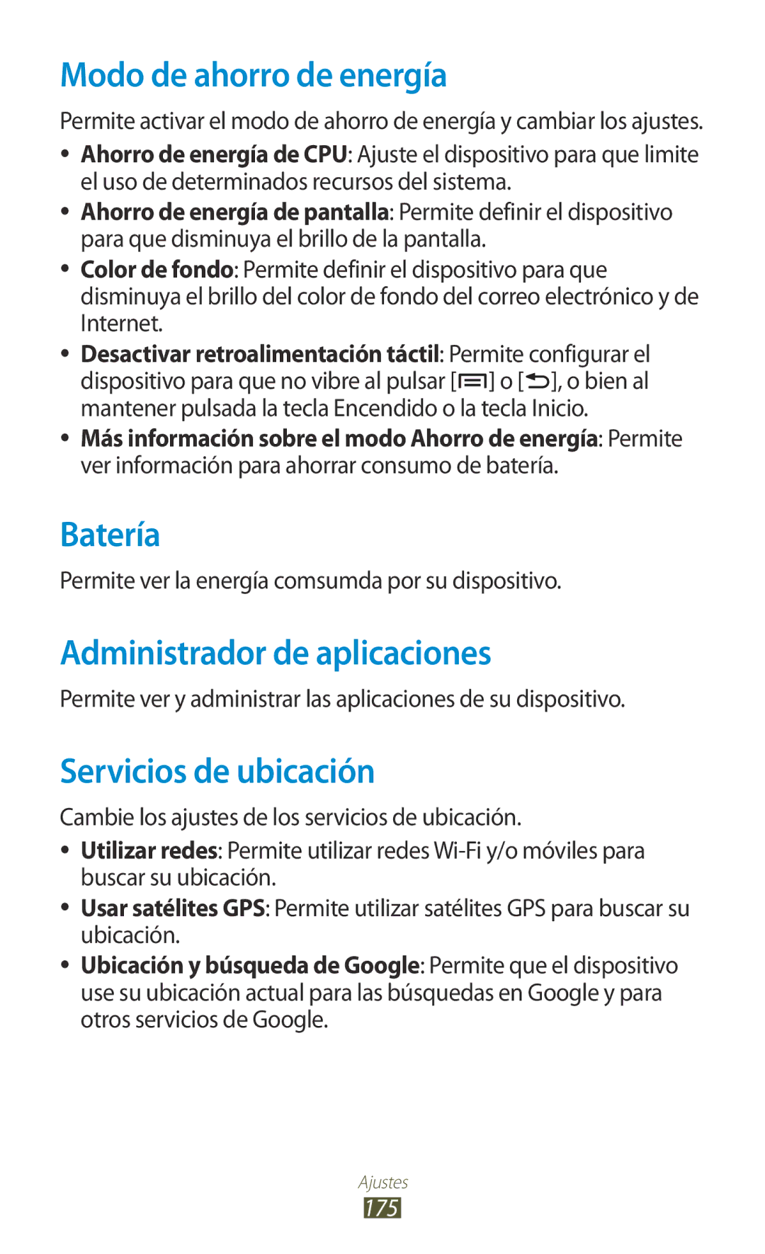 Samsung GT-N7000RWAAMN Modo de ahorro de energía, Batería, Administrador de aplicaciones, Servicios de ubicación, 175 