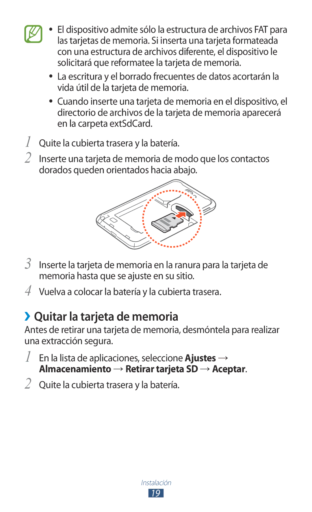 Samsung GT-N7000ZBAAMN, GT-N7000RWATMN manual ››Quitar la tarjeta de memoria, Quite la cubierta trasera y la batería 