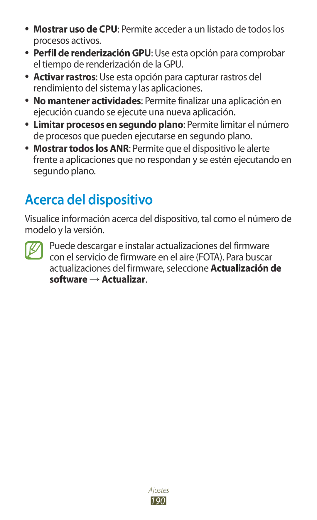 Samsung GT-N7000RWEATL, GT-N7000RWATMN, GT-N7000ZBEPHE, GT-N7000RWEPHE, GT-N7000ZBAXSP manual Acerca del dispositivo, 190 