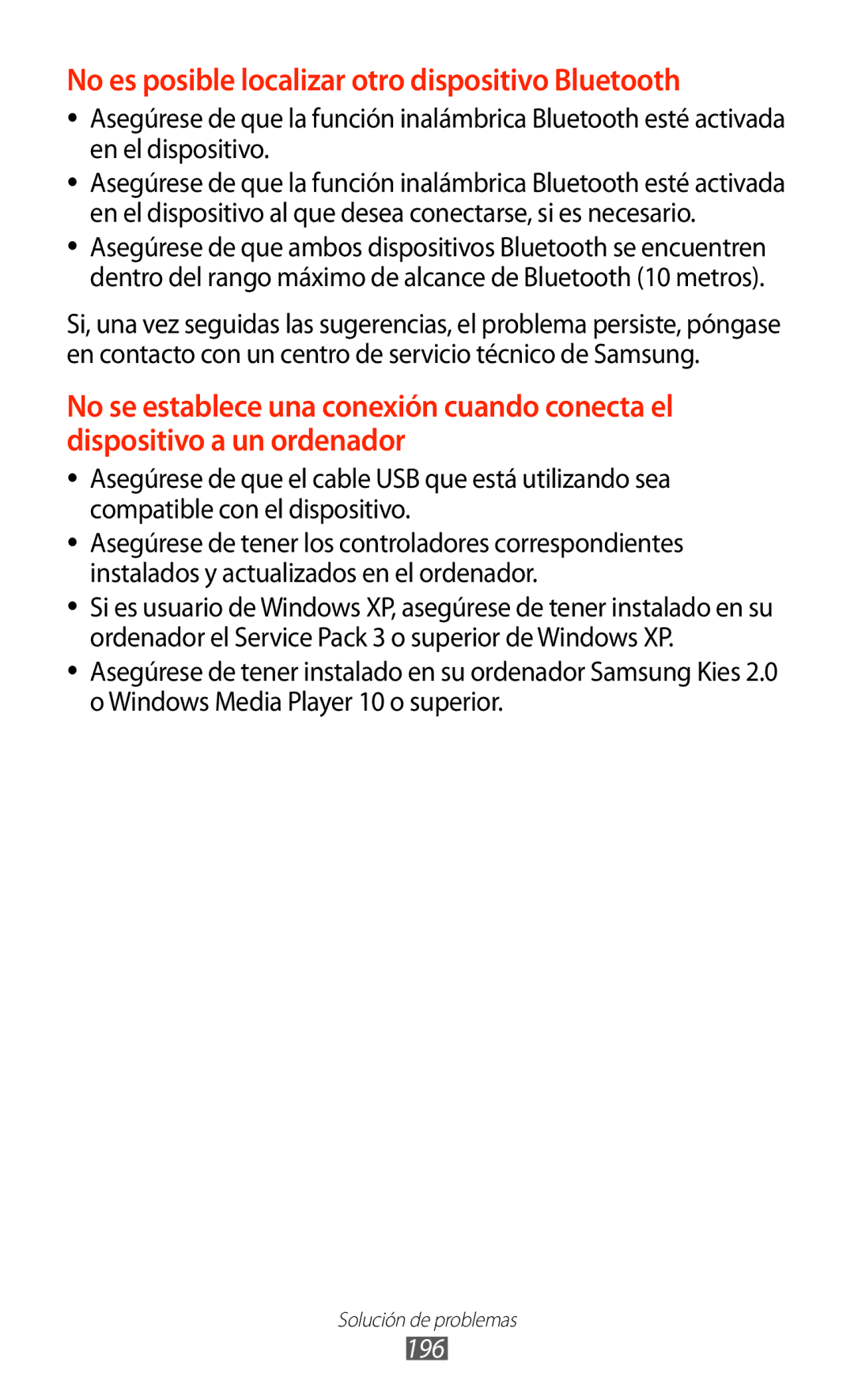 Samsung GT-N7000ZBEATL, GT-N7000RWATMN, GT-N7000ZBEPHE manual No es posible localizar otro dispositivo Bluetooth, 196 