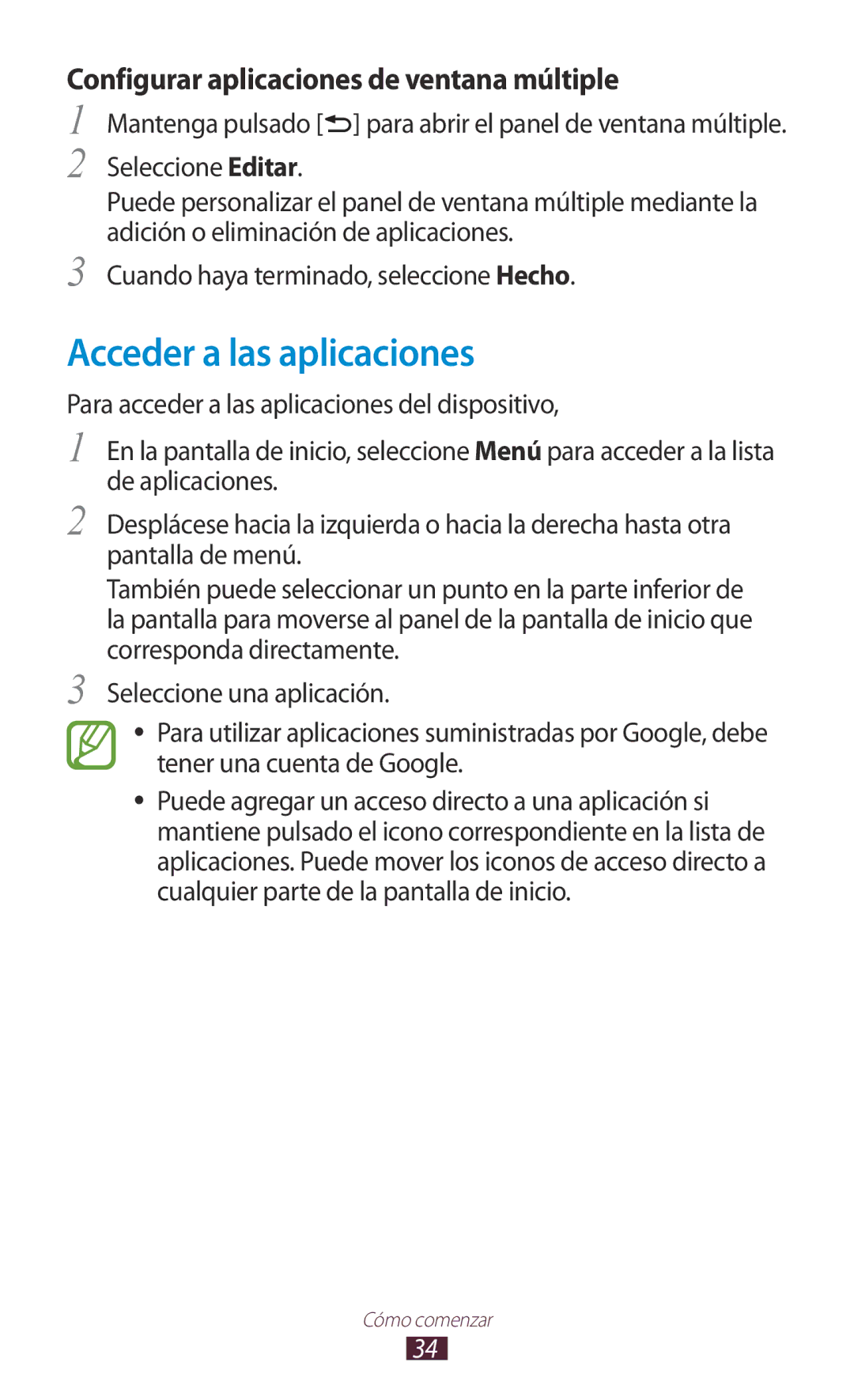 Samsung GT-N7000RWAYOG, GT-N7000RWATMN manual Acceder a las aplicaciones, Configurar aplicaciones de ventana múltiple 