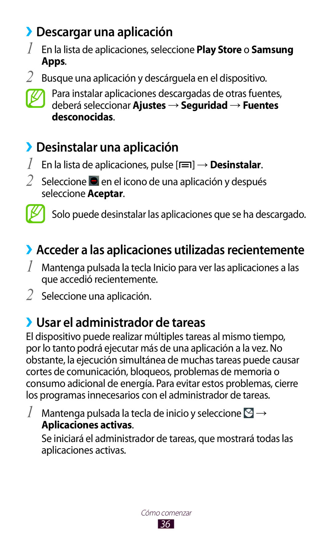 Samsung GT-N7000RWEAMN manual ››Descargar una aplicación, ››Desinstalar una aplicación, ››Usar el administrador de tareas 