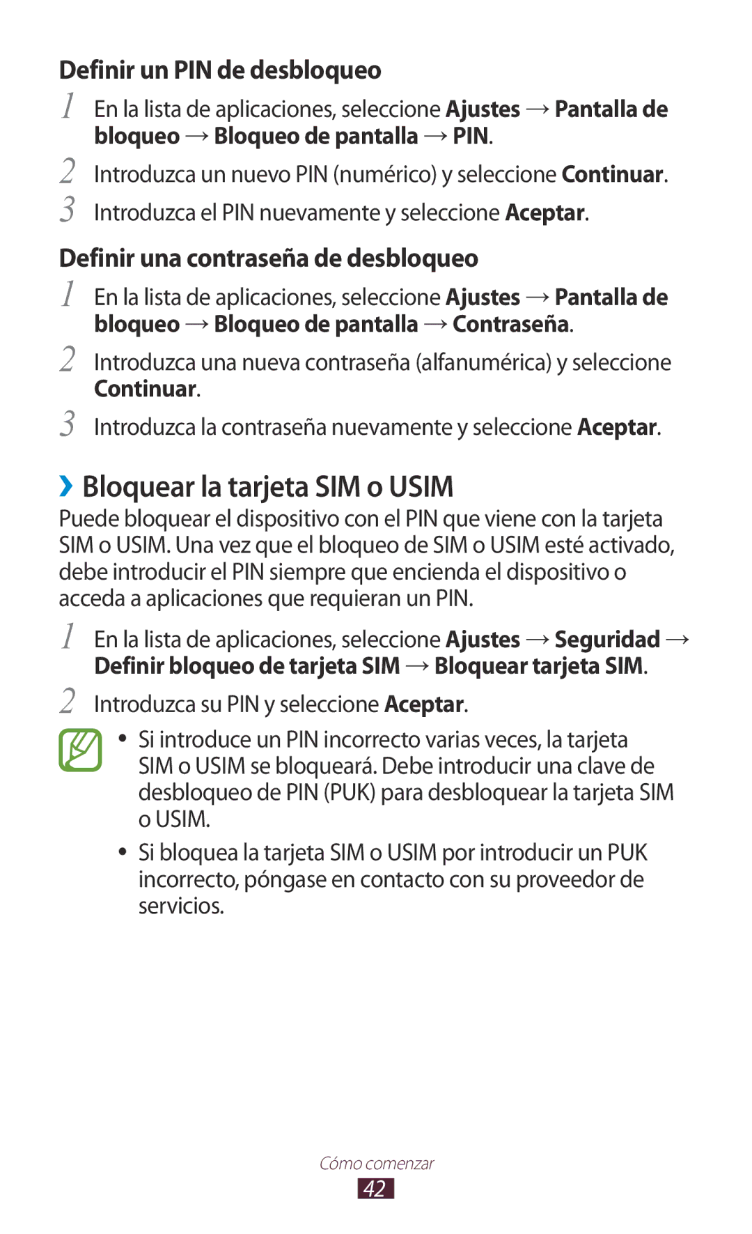 Samsung GT-N7000ZBAAMN, GT-N7000RWATMN, GT-N7000ZBEPHE manual ››Bloquear la tarjeta SIM o Usim, Definir un PIN de desbloqueo 