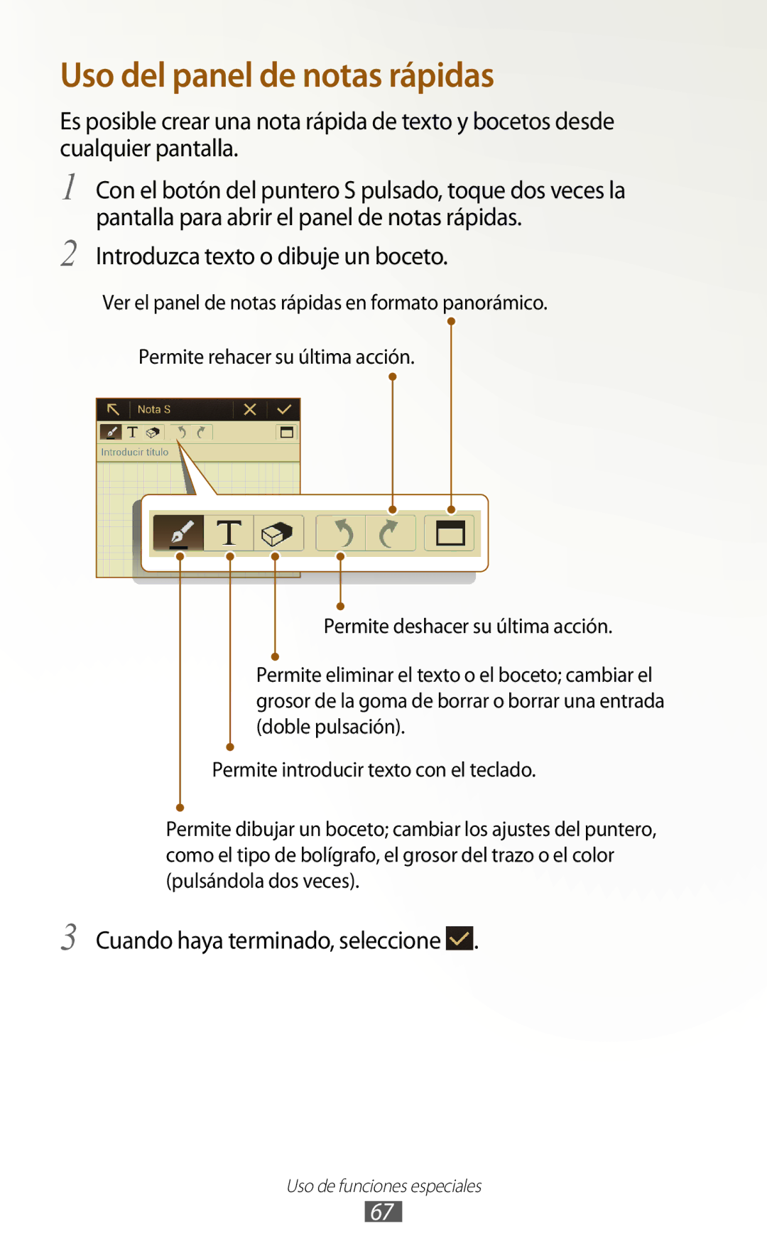 Samsung GT-N7000ZBEXEC, GT-N7000RWATMN, GT-N7000ZBEPHE Uso del panel de notas rápidas, Cuando haya terminado, seleccione 
