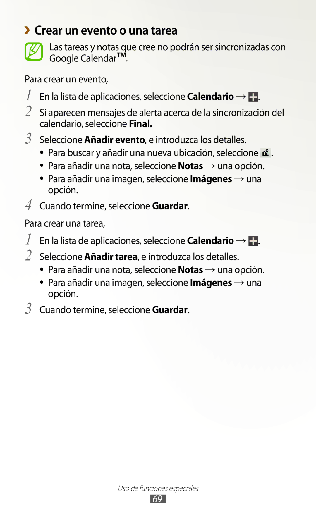 Samsung GT-N7000RWATMN, GT-N7000ZBEPHE manual ››Crear un evento o una tarea, Opción Cuando termine, seleccione Guardar 