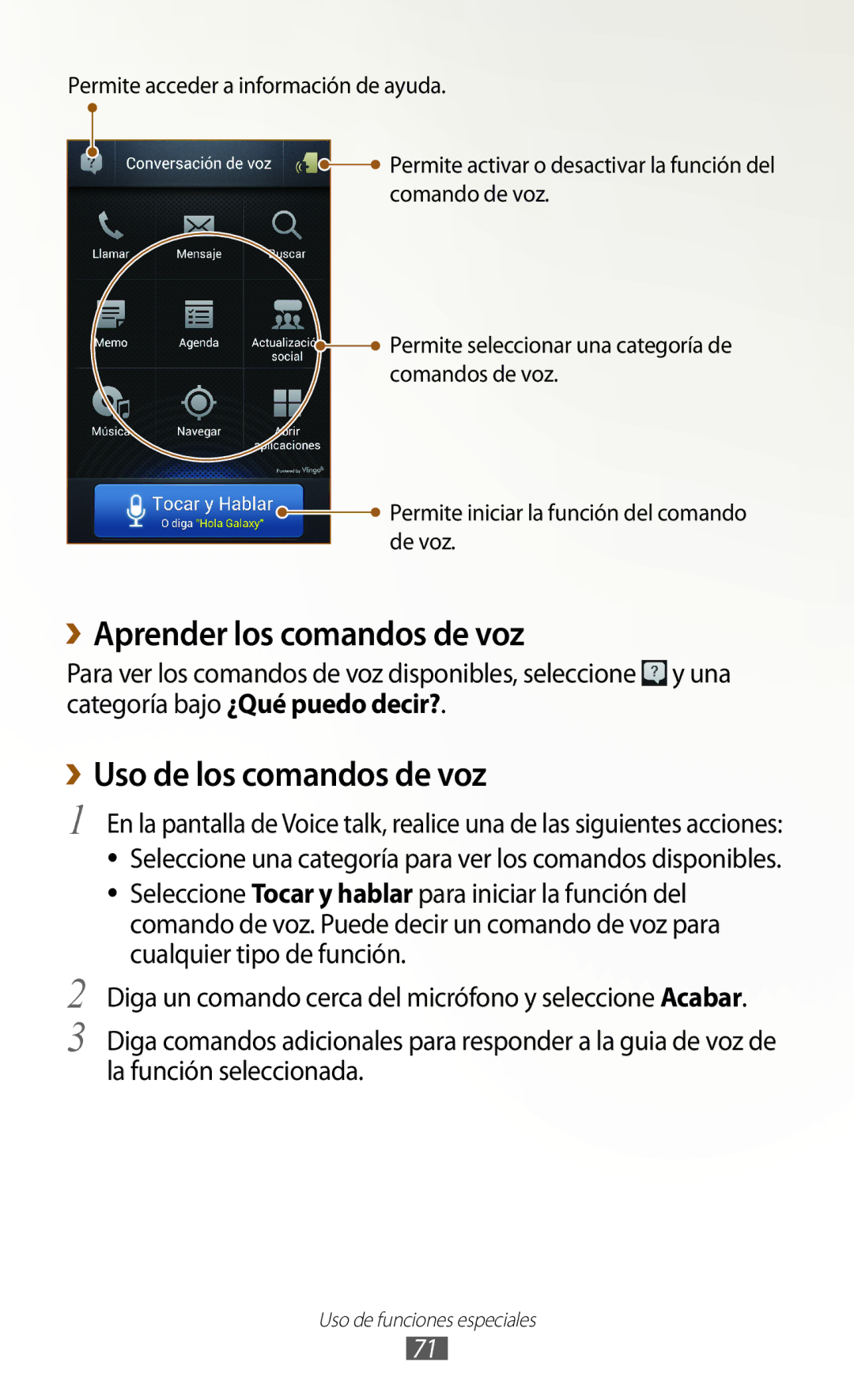 Samsung GT-N7000RWEPHE, GT-N7000RWATMN, GT-N7000ZBEPHE manual ››Aprender los comandos de voz, ››Uso de los comandos de voz 