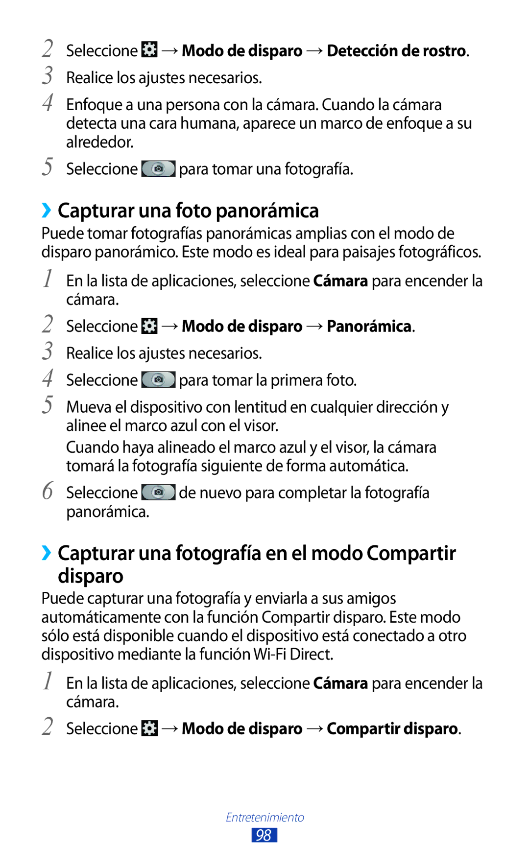 Samsung GT-N7000RWEATL manual ››Capturar una foto panorámica, ››Capturar una fotografía en el modo Compartir disparo 