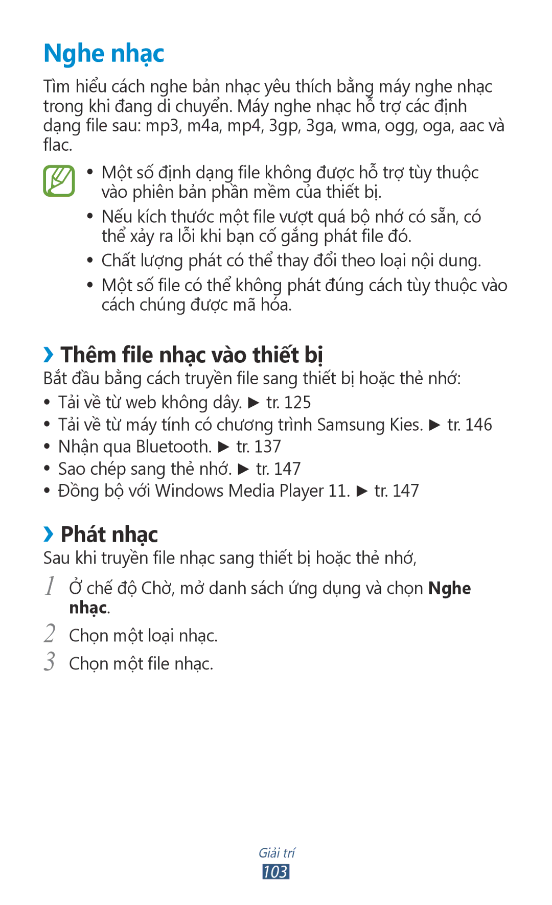 Samsung GT-N7000ZBAXEV, GT-N7000RWAXXV, GT-N7000ZBAXXV manual Nghe nhạ̣c, ››Thêm file nhạ̣c vào thiết bị, ››Phát nhạ̣c, 103 