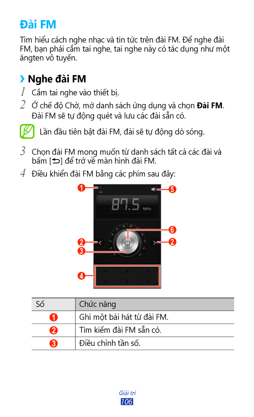 Samsung GT-N7000RWAXEV, GT-N7000RWAXXV, GT-N7000ZBAXXV, GT-N7000ZBAXEV manual Đài FM, ››Nghe đài FM, 106 