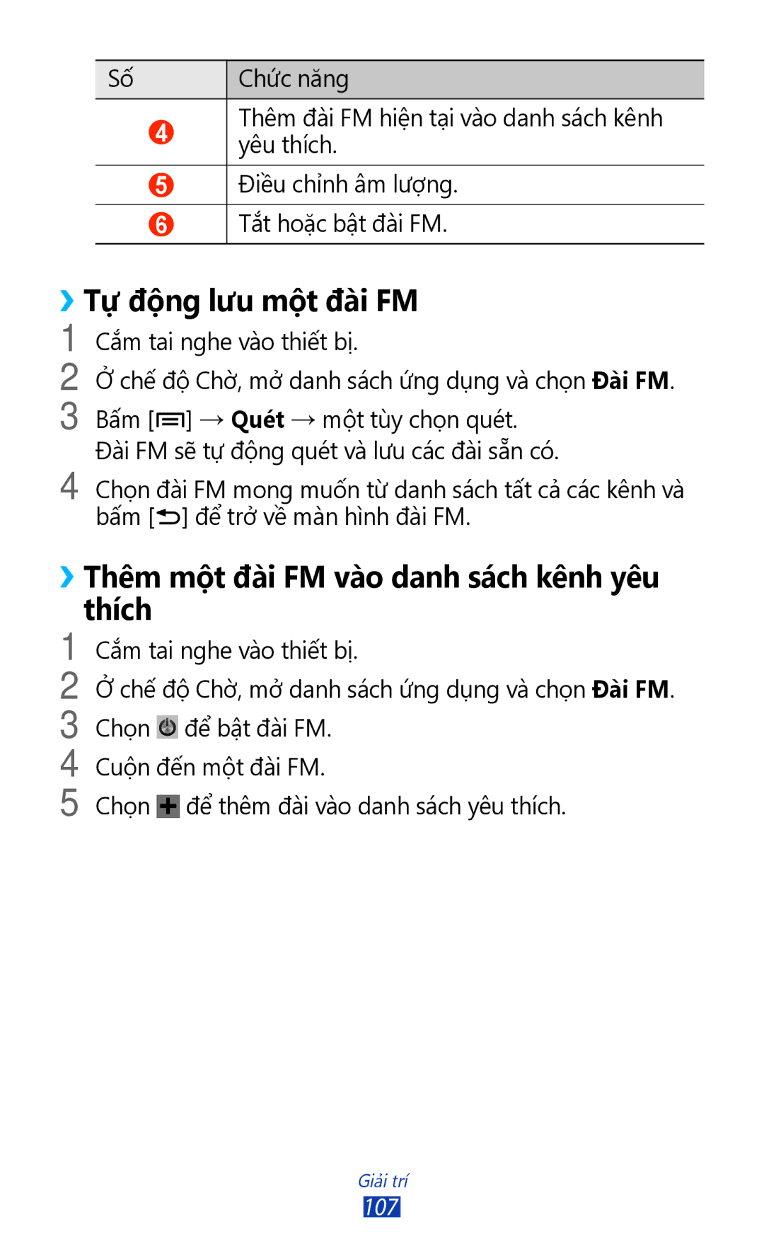 Samsung GT-N7000ZBAXEV, GT-N7000RWAXXV manual ››Tự động lưu một đài FM, ››Thêm một đài FM vào danh sách kênh yêu thích, 107 