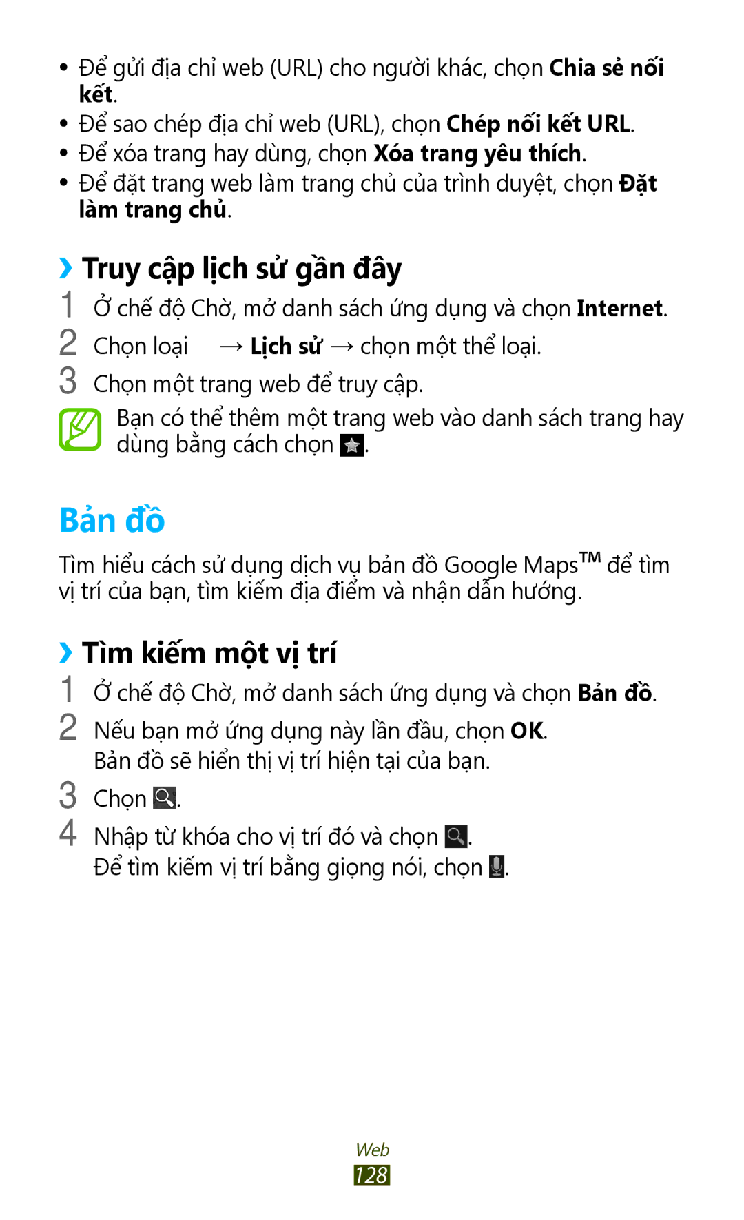 Samsung GT-N7000RWAXXV, GT-N7000ZBAXXV, GT-N7000RWAXEV manual Bả̉n đồ, ››Truy câp lich sư gân đây, ››Tìm kiếm một vị trí, 128 