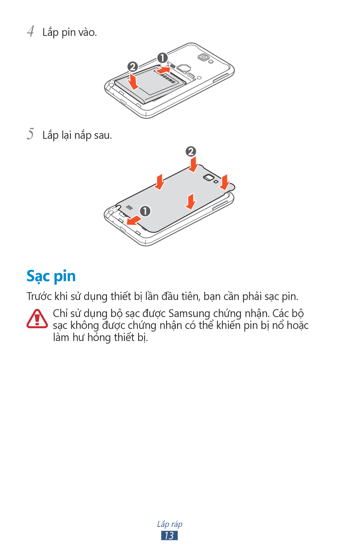 Samsung GT-N7000ZBAXXV, GT-N7000RWAXXV, GT-N7000RWAXEV, GT-N7000ZBAXEV manual Sạ̣c pin 