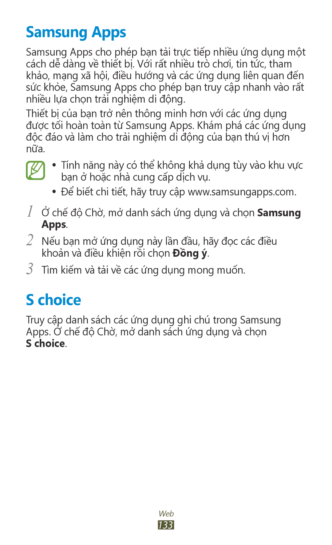 Samsung GT-N7000ZBAXXV, GT-N7000RWAXXV, GT-N7000RWAXEV, GT-N7000ZBAXEV manual Samsung Apps, Choice, 133 