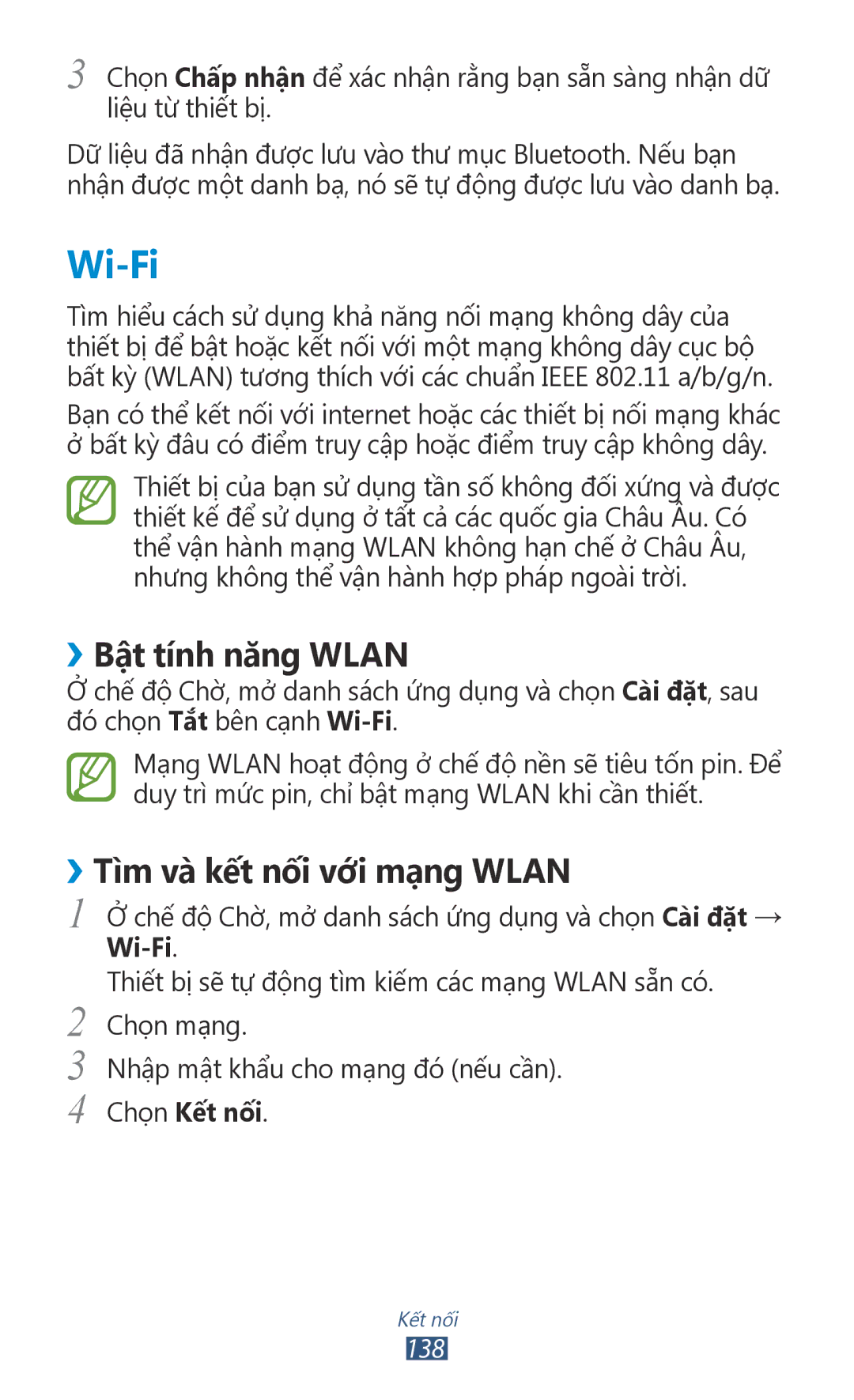 Samsung GT-N7000RWAXEV, GT-N7000RWAXXV Wi-Fi, ››Bật tính năng Wlan, ››Tìm và kết nối với mạ̣ng Wlan, Chọn Kết nối, 138 