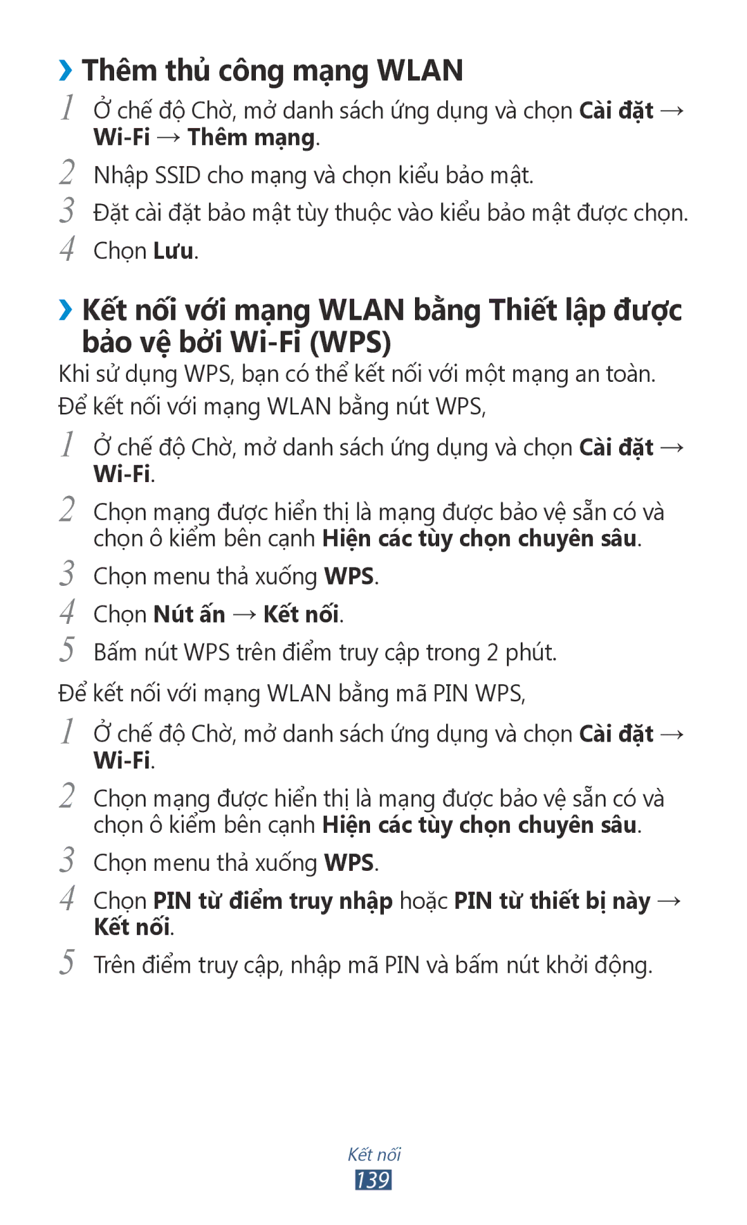 Samsung GT-N7000ZBAXEV, GT-N7000RWAXXV, GT-N7000ZBAXXV manual ››Thêm thủ công mạ̣ng Wlan, Chon Nut ấn → Kêt nôi, 139 