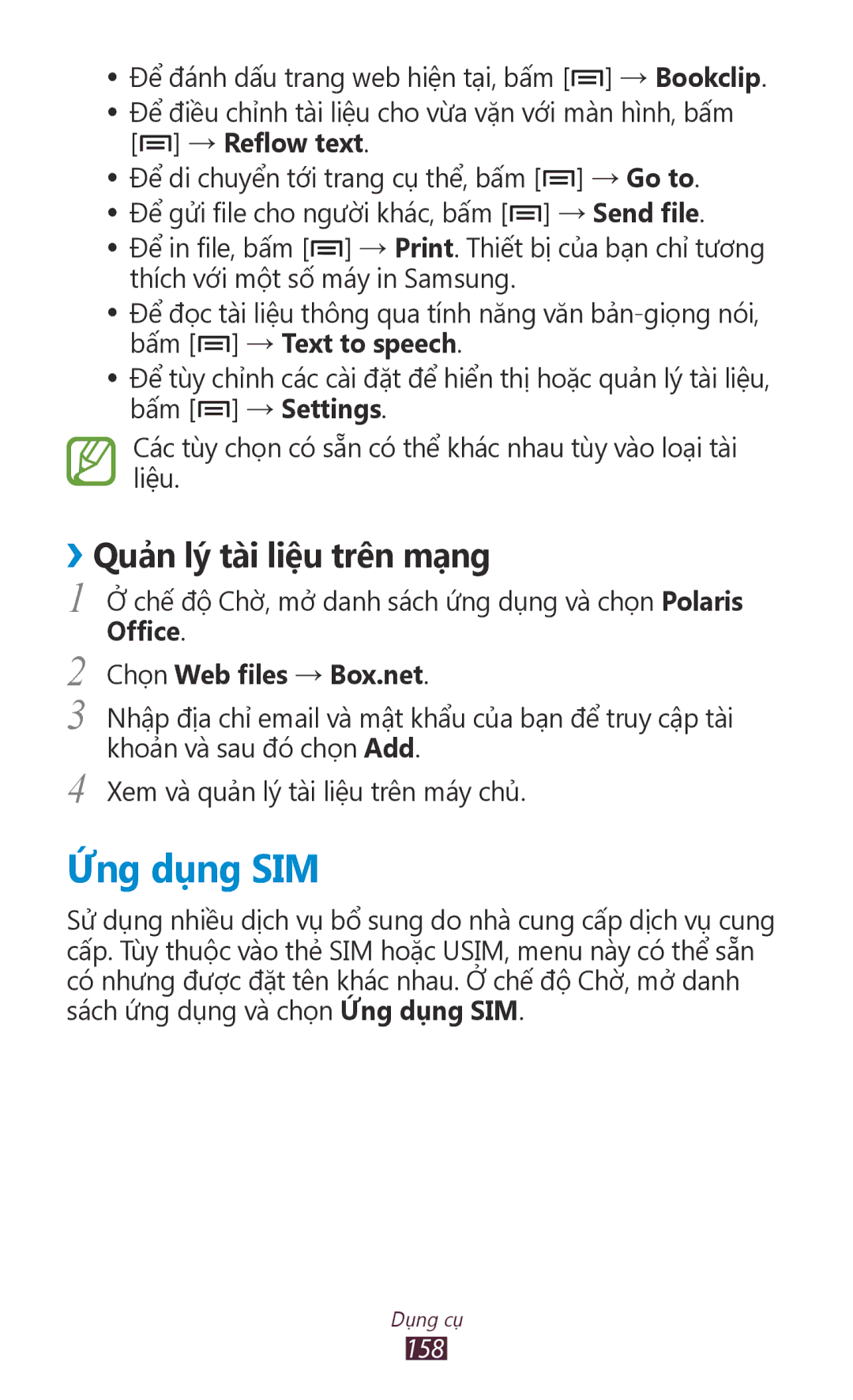 Samsung GT-N7000RWAXEV manual Ứng dụng SIM, ››Quả̉n lý tài liệu trên mạ̣ng, → Reflow text, Chọn Web files → Box.net, 158 