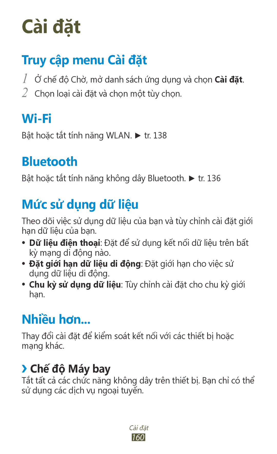 Samsung GT-N7000RWAXXV, GT-N7000ZBAXXV manual Truy cập menu Cài đặt, Mưc sư dung dư liêu, Nhiêu hơn, ››Chế độ Máy bay 