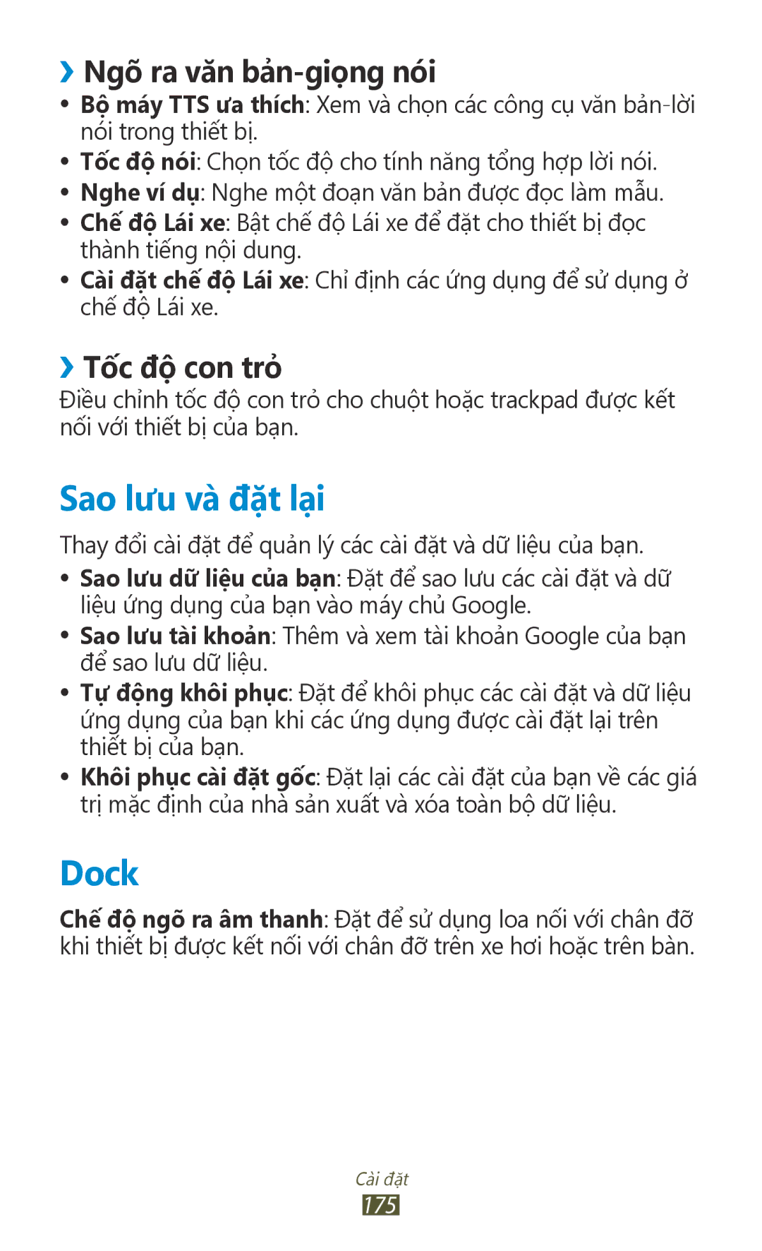 Samsung GT-N7000ZBAXEV, GT-N7000RWAXXV manual Sao lưu va đăt lại, Dock, ››Ngo ra văn bản-giong nói, ››Tốc độ con trỏ, 175 