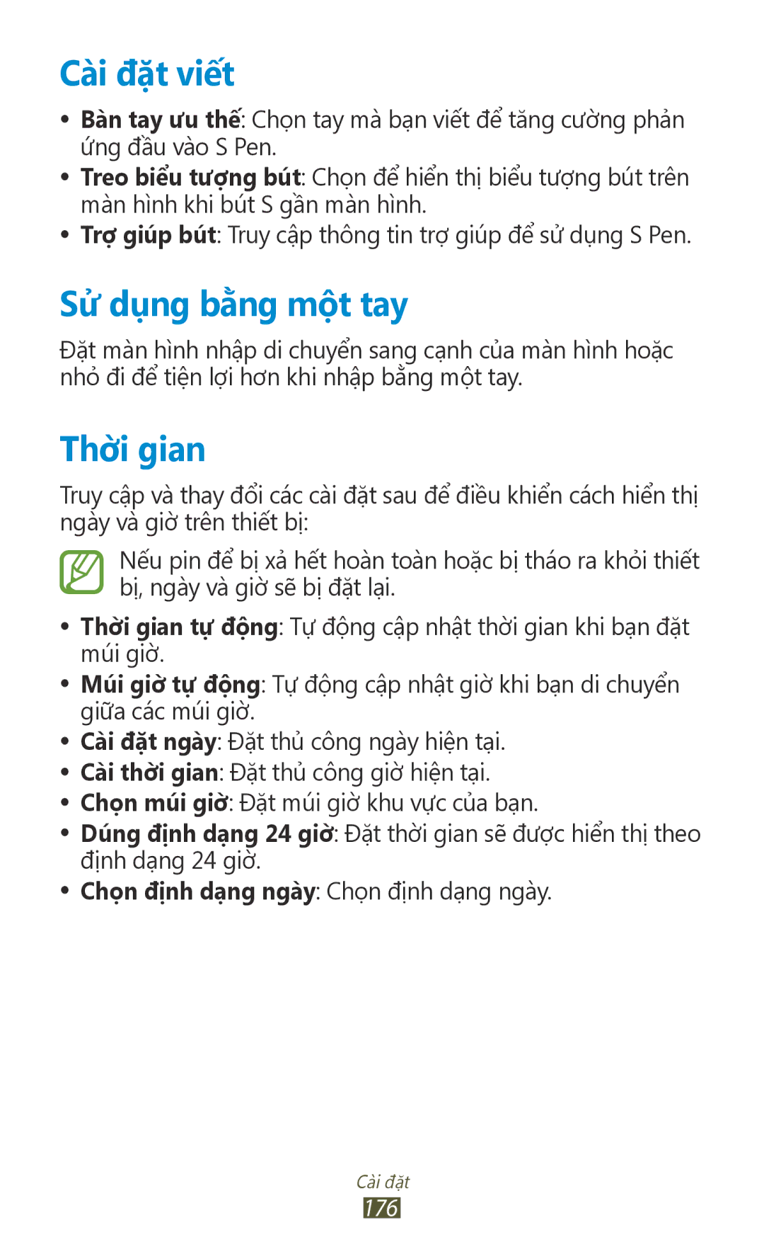 Samsung GT-N7000RWAXXV, GT-N7000ZBAXXV, GT-N7000RWAXEV, GT-N7000ZBAXEV Cai đăt viêt, Sư dung băng môt tay, Thời gian, 176 