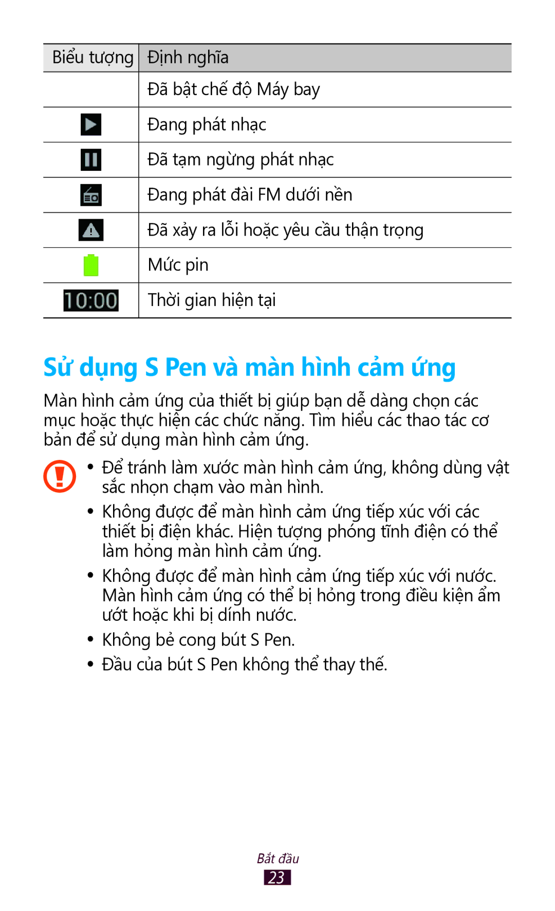 Samsung GT-N7000ZBAXEV, GT-N7000RWAXXV, GT-N7000ZBAXXV, GT-N7000RWAXEV manual Sử dụng S Pen và màn hình cả̉m ứng 