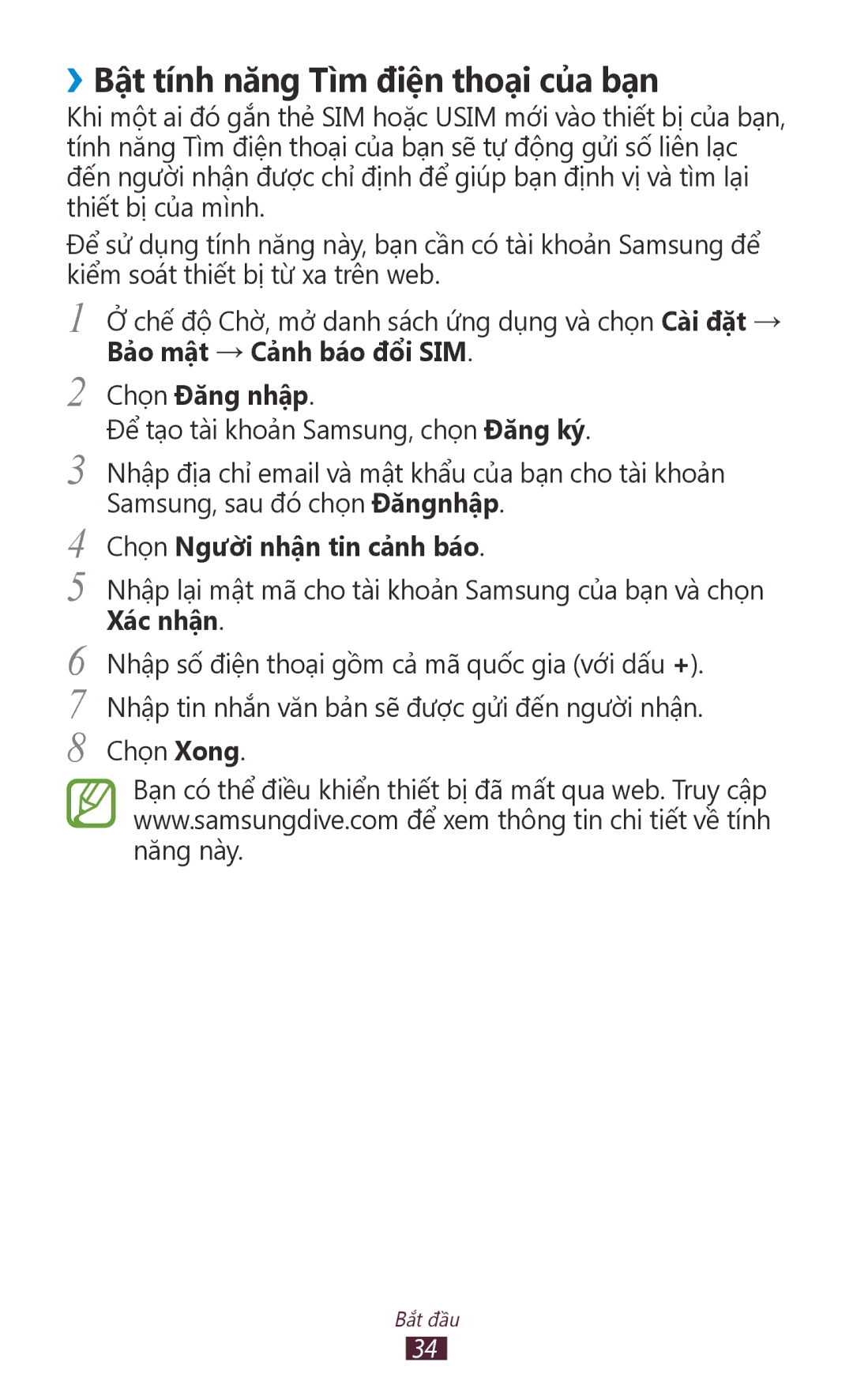 Samsung GT-N7000RWAXEV manual ››Bật tính năng Tìm điện thoạ̣i của bạ̣n, Chọn Đăng nhập, Chọn Ngườ̀i nhận tin cả̉nh báo 