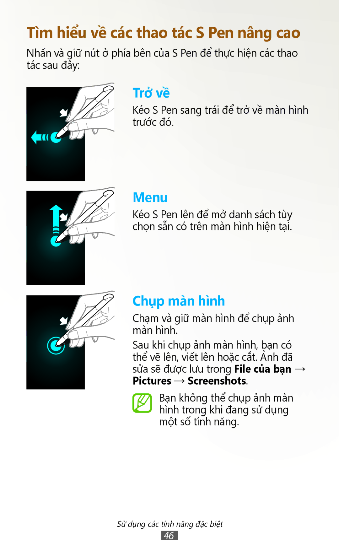 Samsung GT-N7000RWAXEV, GT-N7000RWAXXV, GT-N7000ZBAXXV, GT-N7000ZBAXEV manual Tìm hiểu về các thao tác S Pen nâng cao 