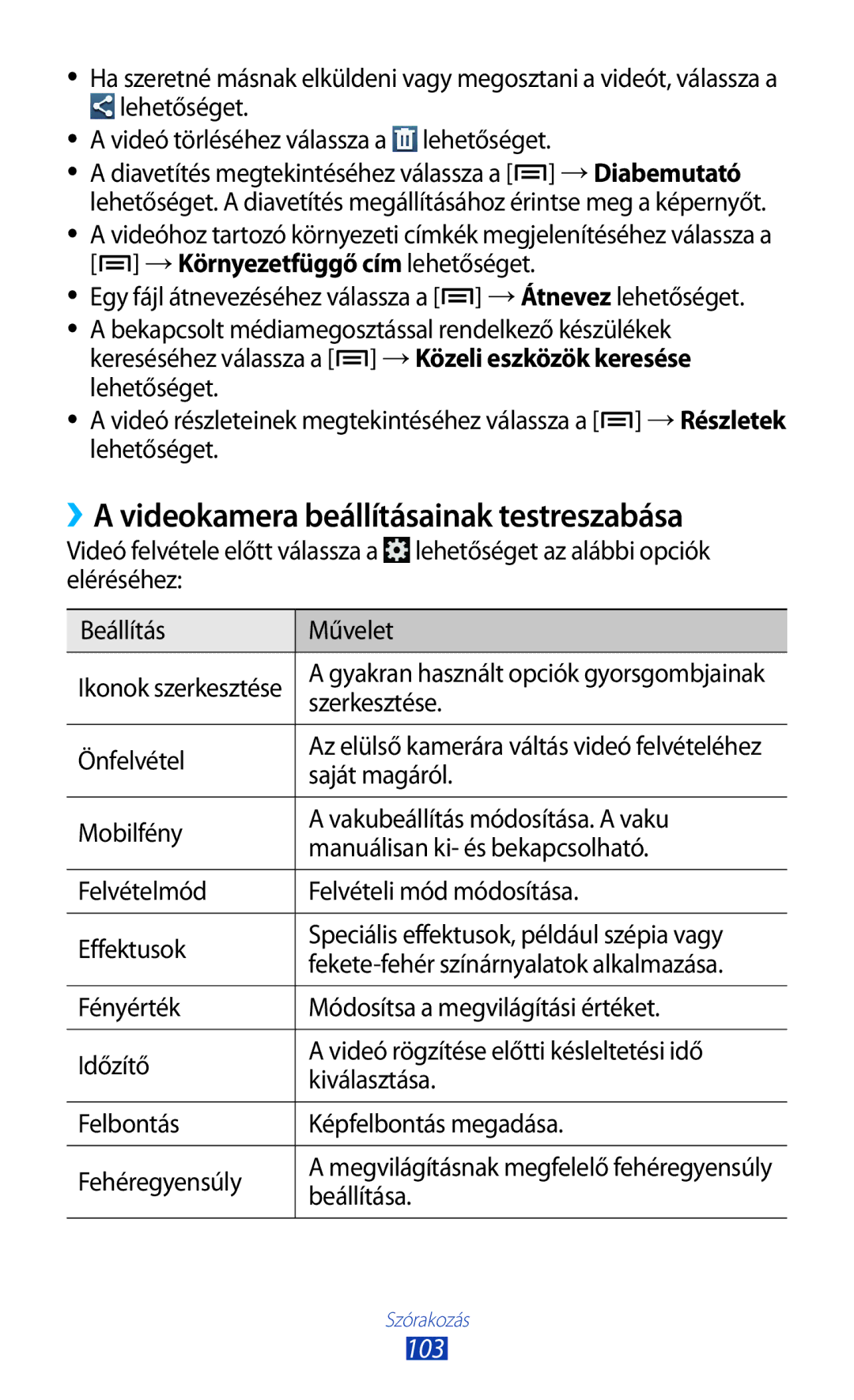 Samsung GT-N7000RWAAUT manual ››A videokamera beállításainak testreszabása, 103, Szerkesztése, Önfelvétel, Saját magáról 