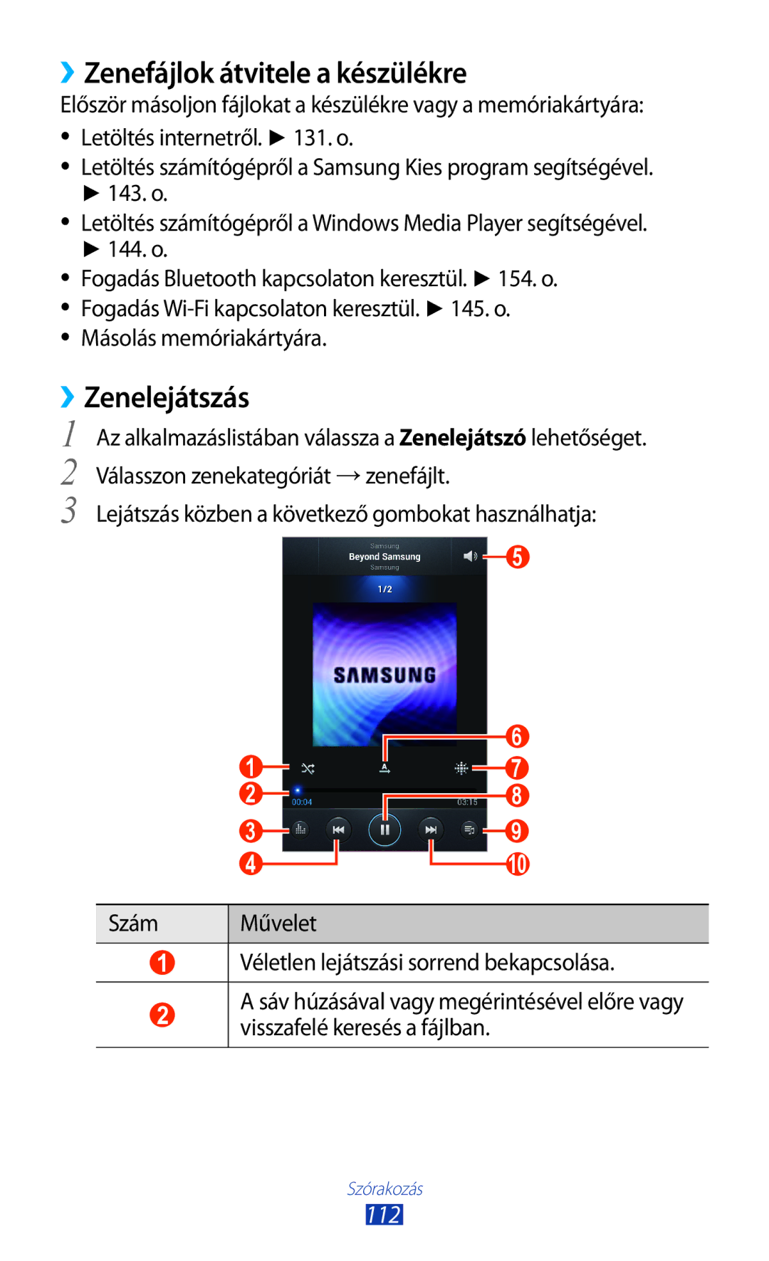 Samsung GT-N7000RWAPAN, GT-N7000ZBADBT ››Zenefájlok átvitele a készülékre, ››Zenelejátszás, 112, Másolás memóriakártyára 