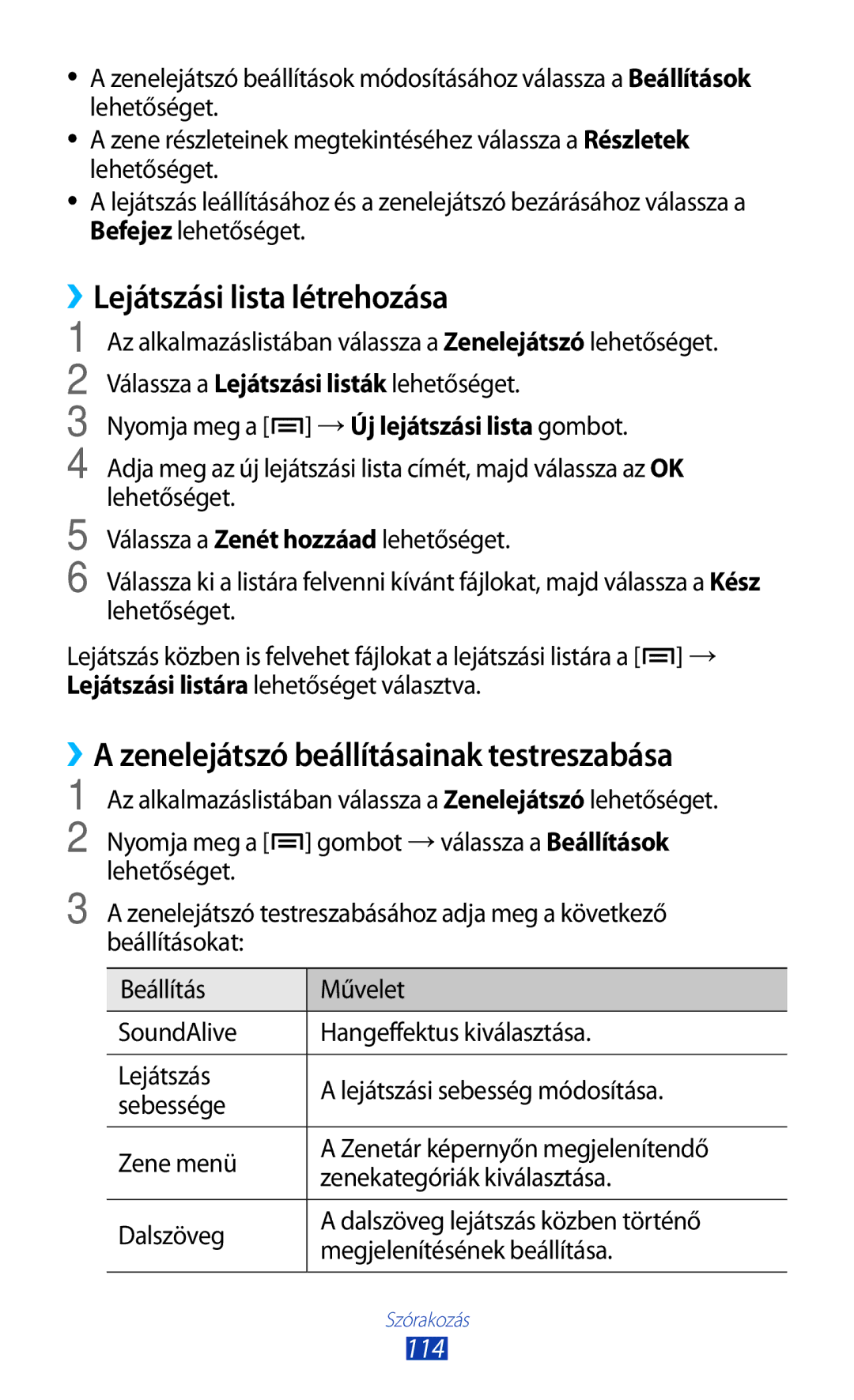 Samsung GT-N7000ZBACOA, GT-N7000ZBADBT Lejátszási lista létrehozása, ››A zenelejátszó beállításainak testreszabása, 114 