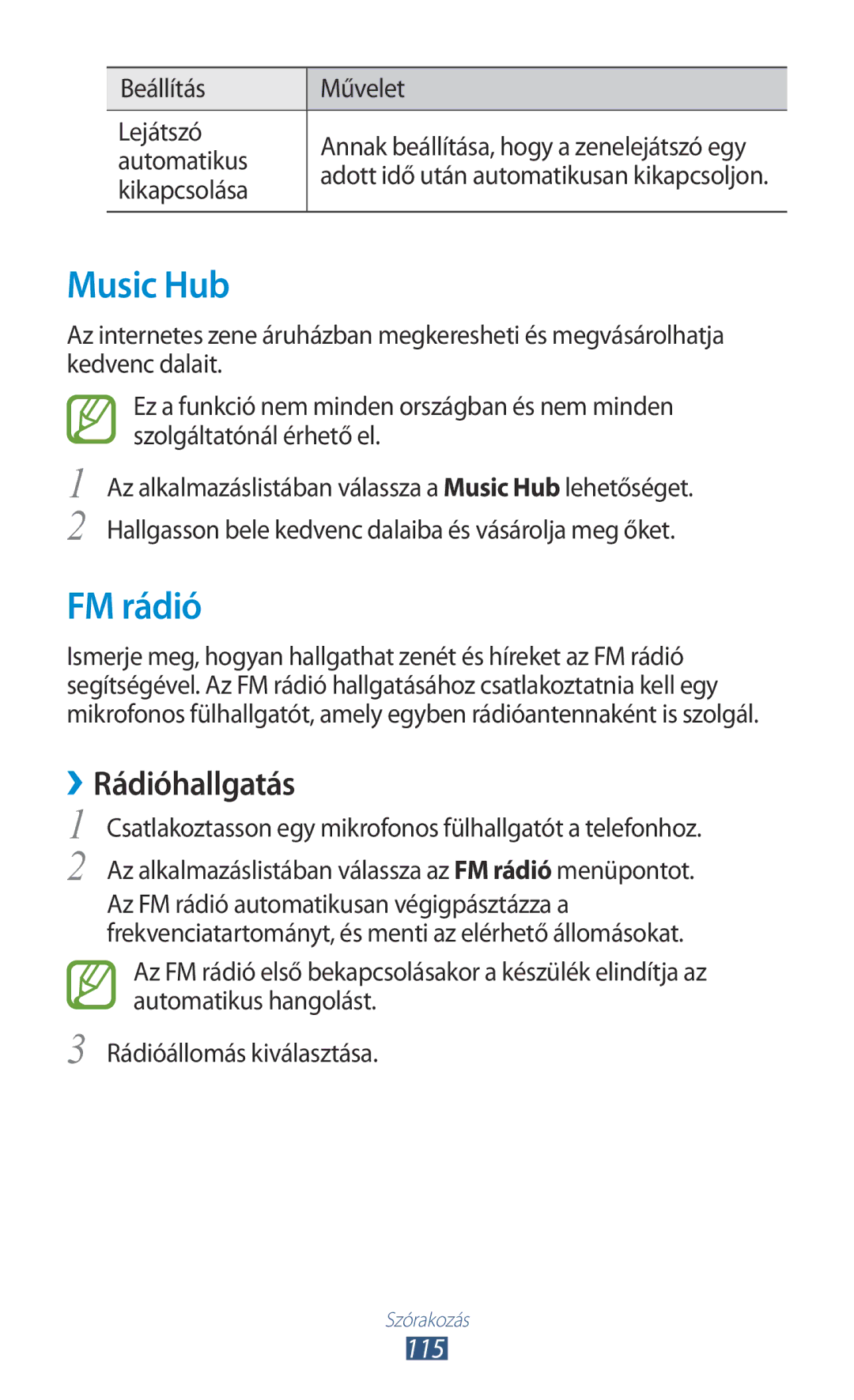 Samsung GT2N7000ZBATMH, GT-N7000ZBADBT, GT-N7000ZBEATO, GT-N7000RWAATO manual Music Hub, FM rádió, ››Rádióhallgatás, 115 