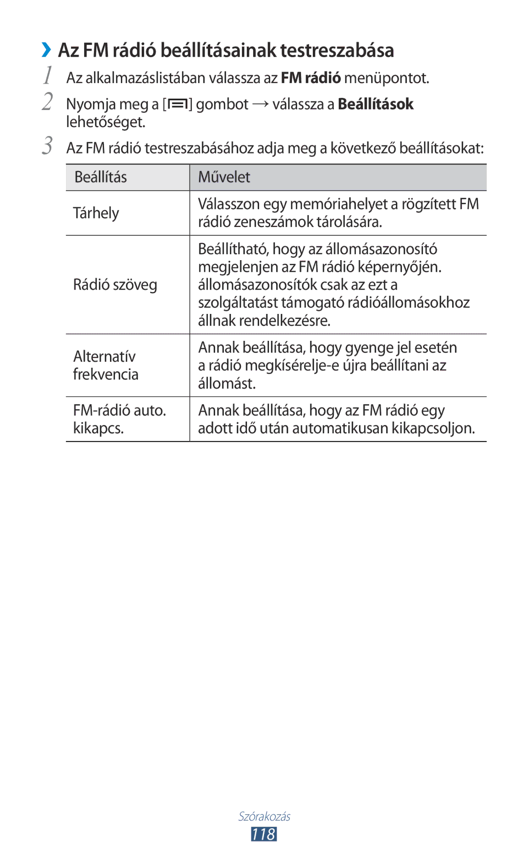 Samsung GT2N7000RWAXEH, GT-N7000ZBADBT, GT-N7000ZBEATO, GT-N7000RWAATO manual Az FM rádió beállításainak testreszabása, 118 