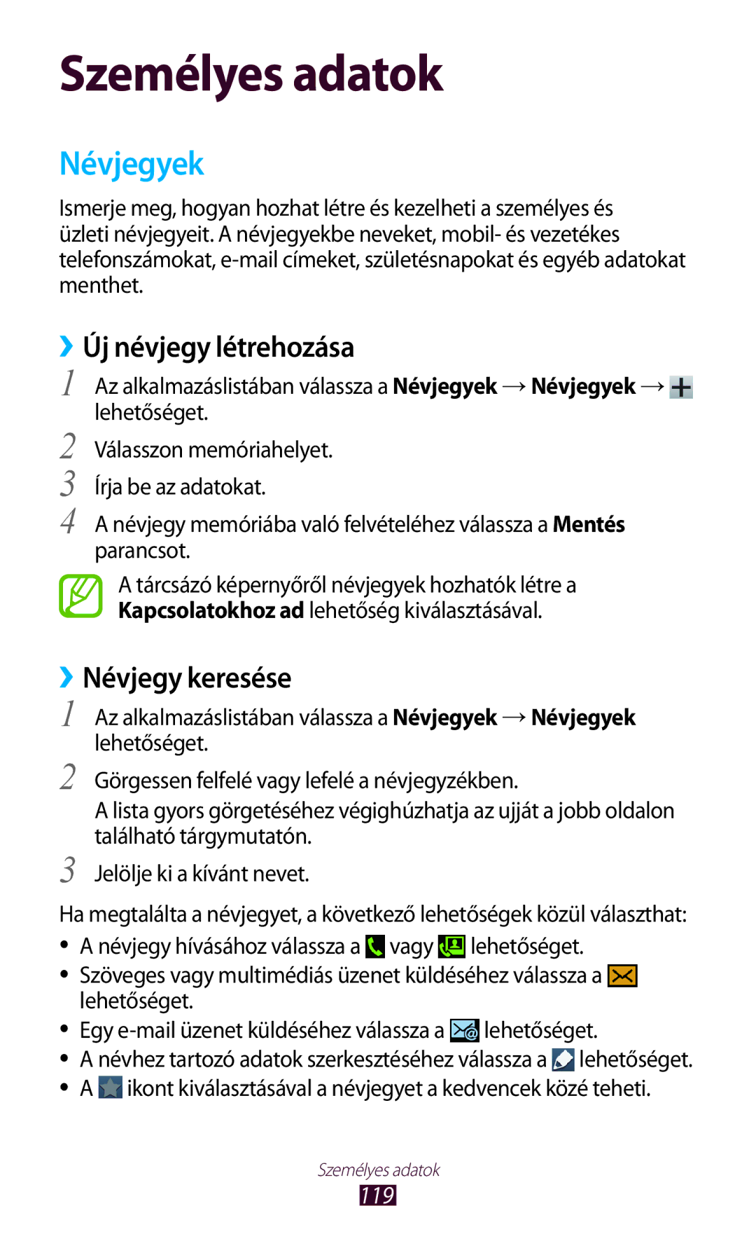 Samsung GT-N7000RWAXEH, GT-N7000ZBADBT, GT-N7000ZBEATO manual Névjegyek, ››Új névjegy létrehozása, ››Névjegy keresése, 119 