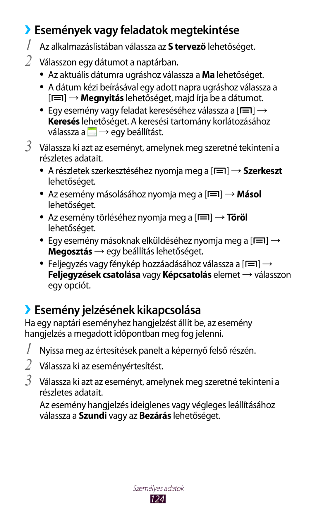 Samsung GT-N7000ZBEATO, GT-N7000ZBADBT ››Események vagy feladatok megtekintése, ››Esemény jelzésének kikapcsolása, 124 