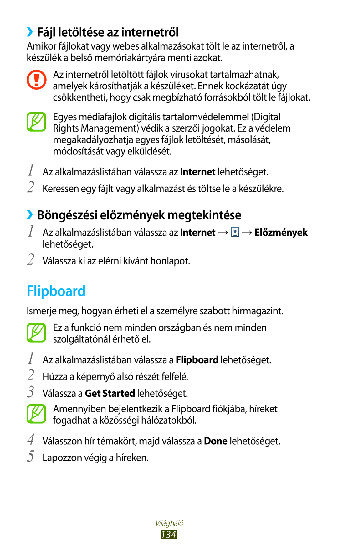 Samsung GT-N7000RWABGL manual Flipboard, ››Fájl letöltése az internetről, ››Böngészési előzmények megtekintése, 134 