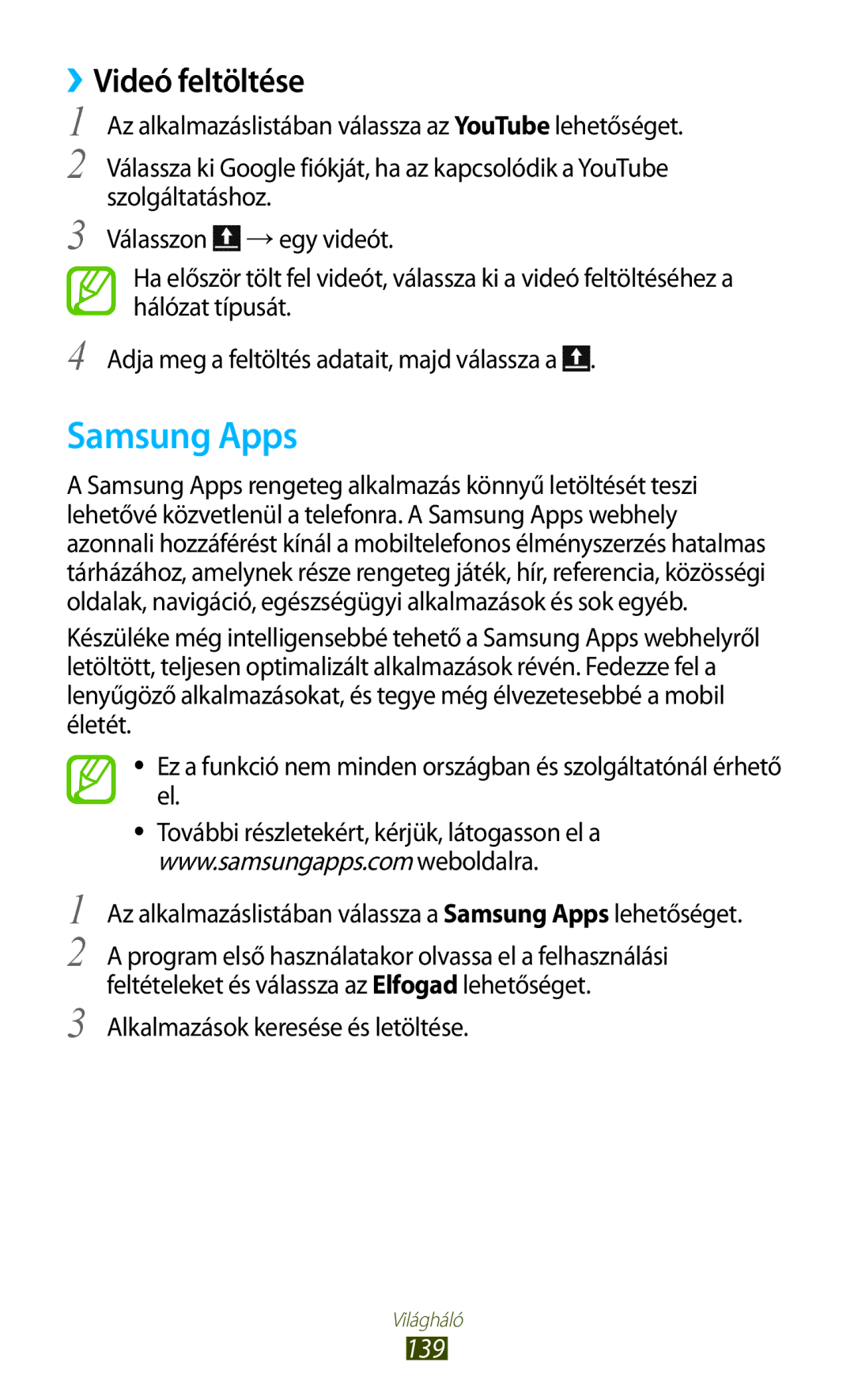 Samsung GT-N7000ZBAMAX, GT-N7000ZBADBT manual Samsung Apps, ››Videó feltöltése, 139, Alkalmazások keresése és letöltése 