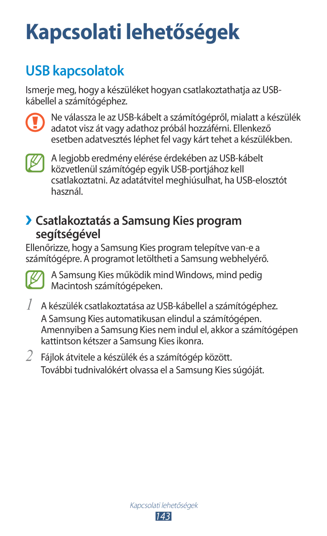 Samsung GT-N7000ZBEXEH, GT-N7000ZBADBT manual USB kapcsolatok, ››Csatlakoztatás a Samsung Kies program segítségével, 143 