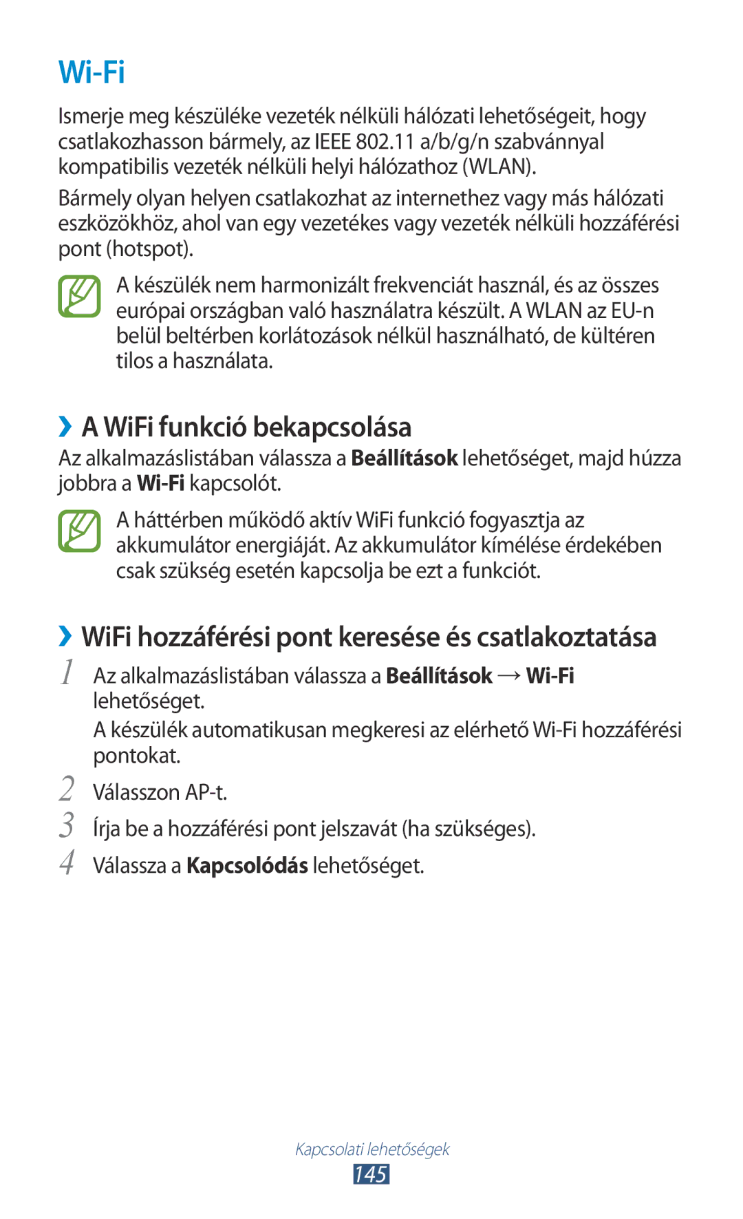 Samsung GT-N7000RWATMH Wi-Fi, ››A WiFi funkció bekapcsolása, ››WiFi hozzáférési pont keresése és csatlakoztatása, 145 