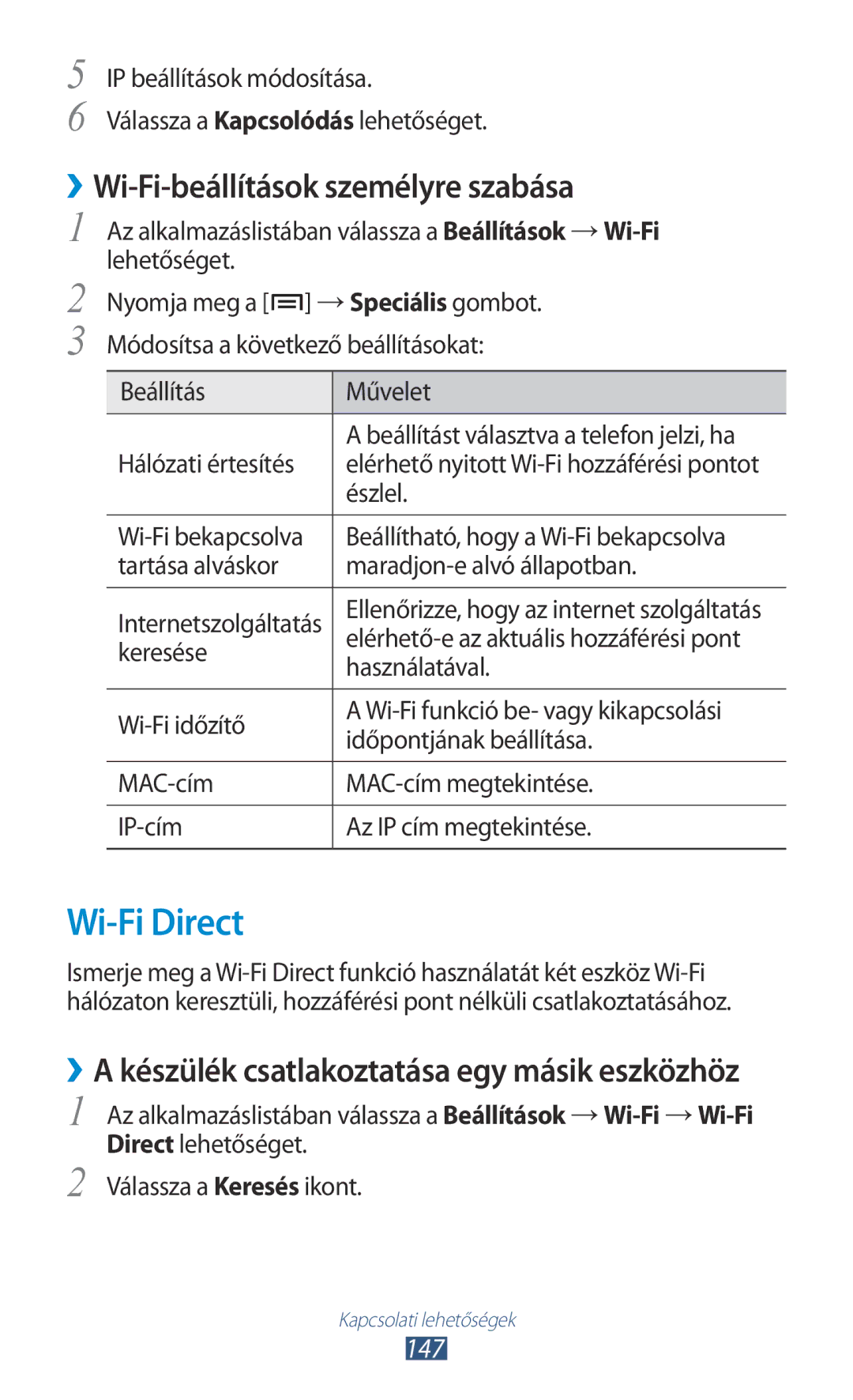 Samsung GT2N7000ZBAPAN, GT-N7000ZBADBT, GT-N7000ZBEATO Wi-Fi Direct, ››Wi-Fi-beállítások személyre szabása, 147, Észlel 