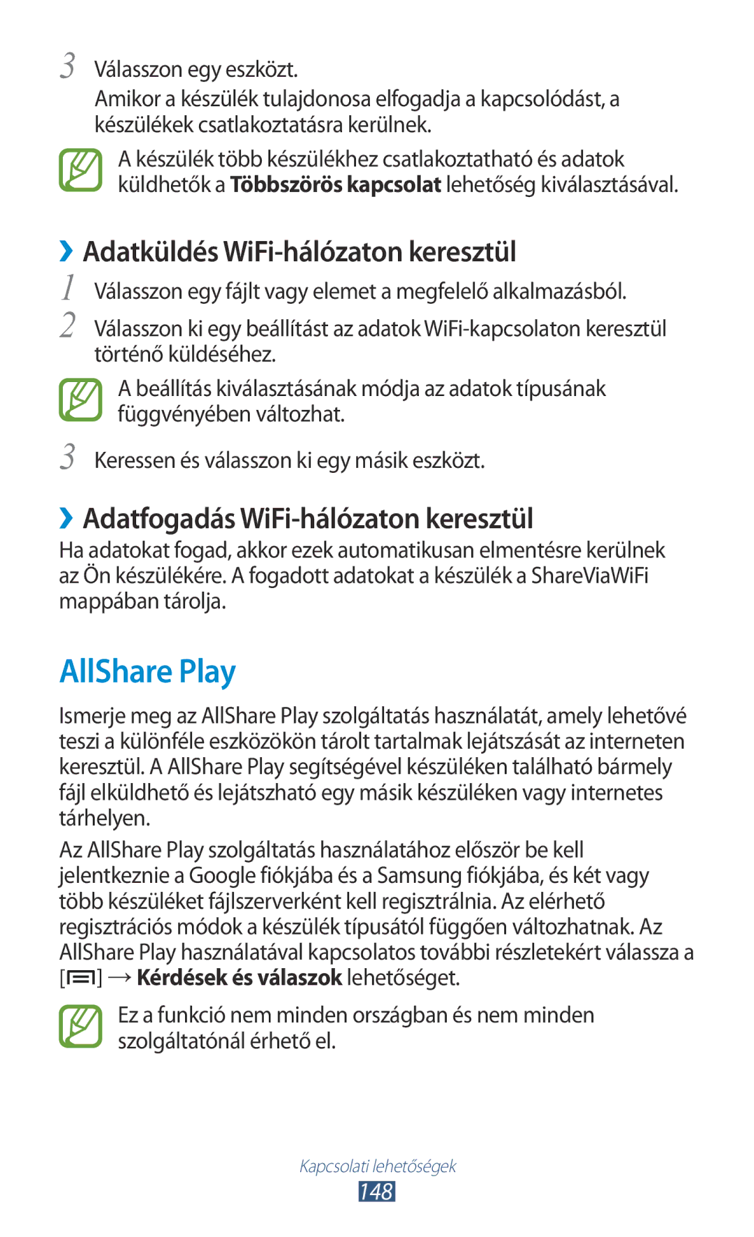 Samsung GT-N7000ZBAPAN AllShare Play, ››Adatküldés WiFi-hálózaton keresztül, ››Adatfogadás WiFi-hálózaton keresztül, 148 