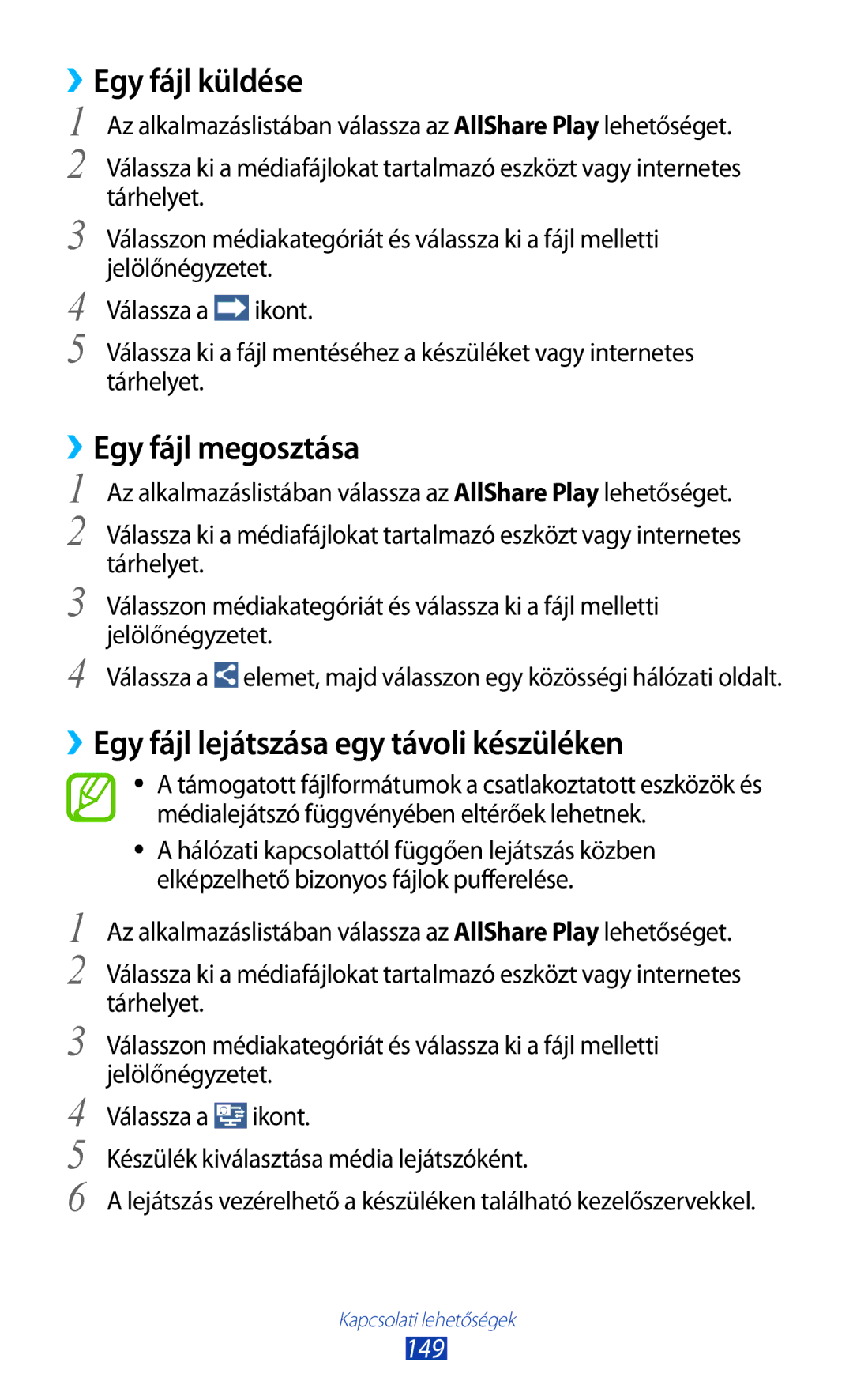 Samsung GT-N7000ZBASWC manual ››Egy fájl küldése, ››Egy fájl megosztása, ››Egy fájl lejátszása egy távoli készüléken, 149 