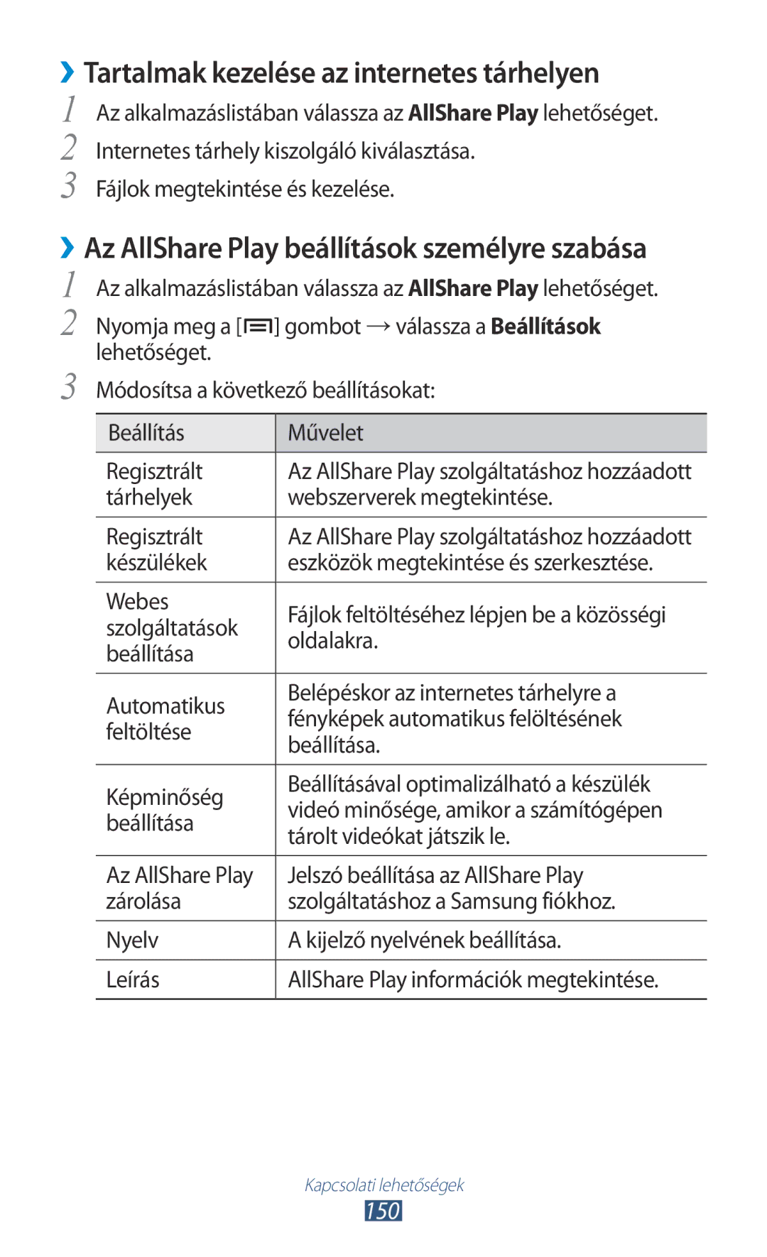 Samsung GT-N7000ZBAXEH ››Tartalmak kezelése az internetes tárhelyen, Az AllShare Play beállítások személyre szabása, 150 