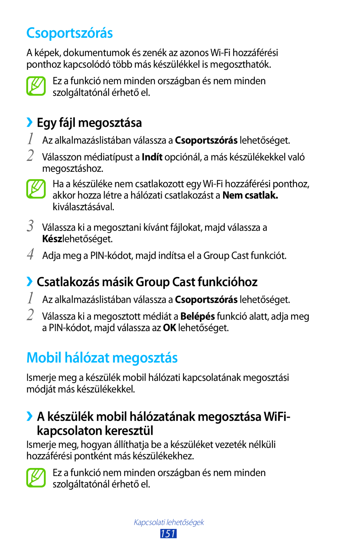 Samsung GT2N7000RWAPAN manual Csoportszórás, Mobil hálózat megosztás, ››Csatlakozás másik Group Cast funkcióhoz, 151 