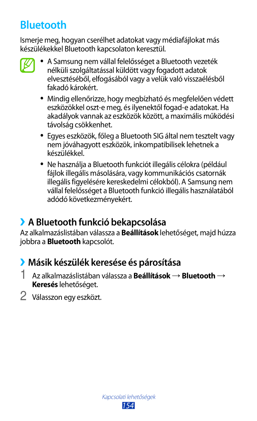 Samsung GT-N7000RWEATO manual ››A Bluetooth funkció bekapcsolása, ››Másik készülék keresése és párosítása, 154 