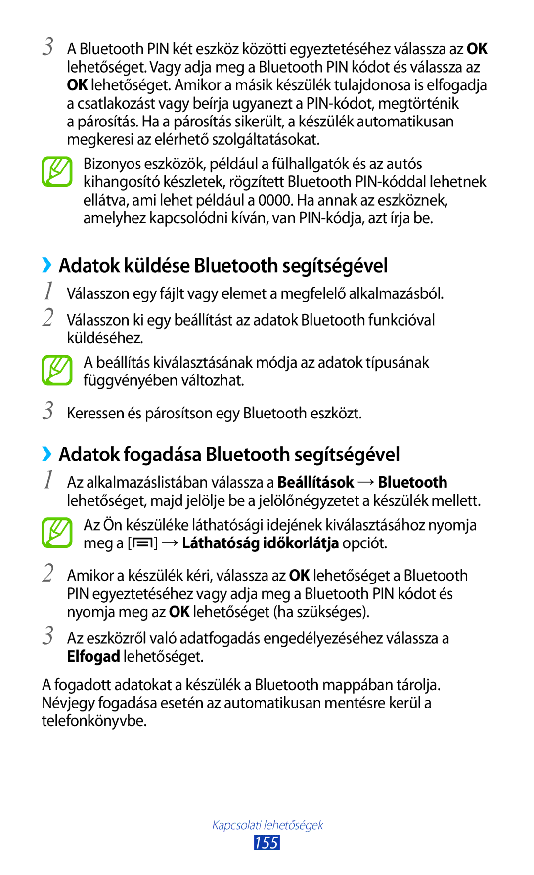 Samsung GT-N7000ZBACOA manual ››Adatok küldése Bluetooth segítségével, ››Adatok fogadása Bluetooth segítségével, 155 