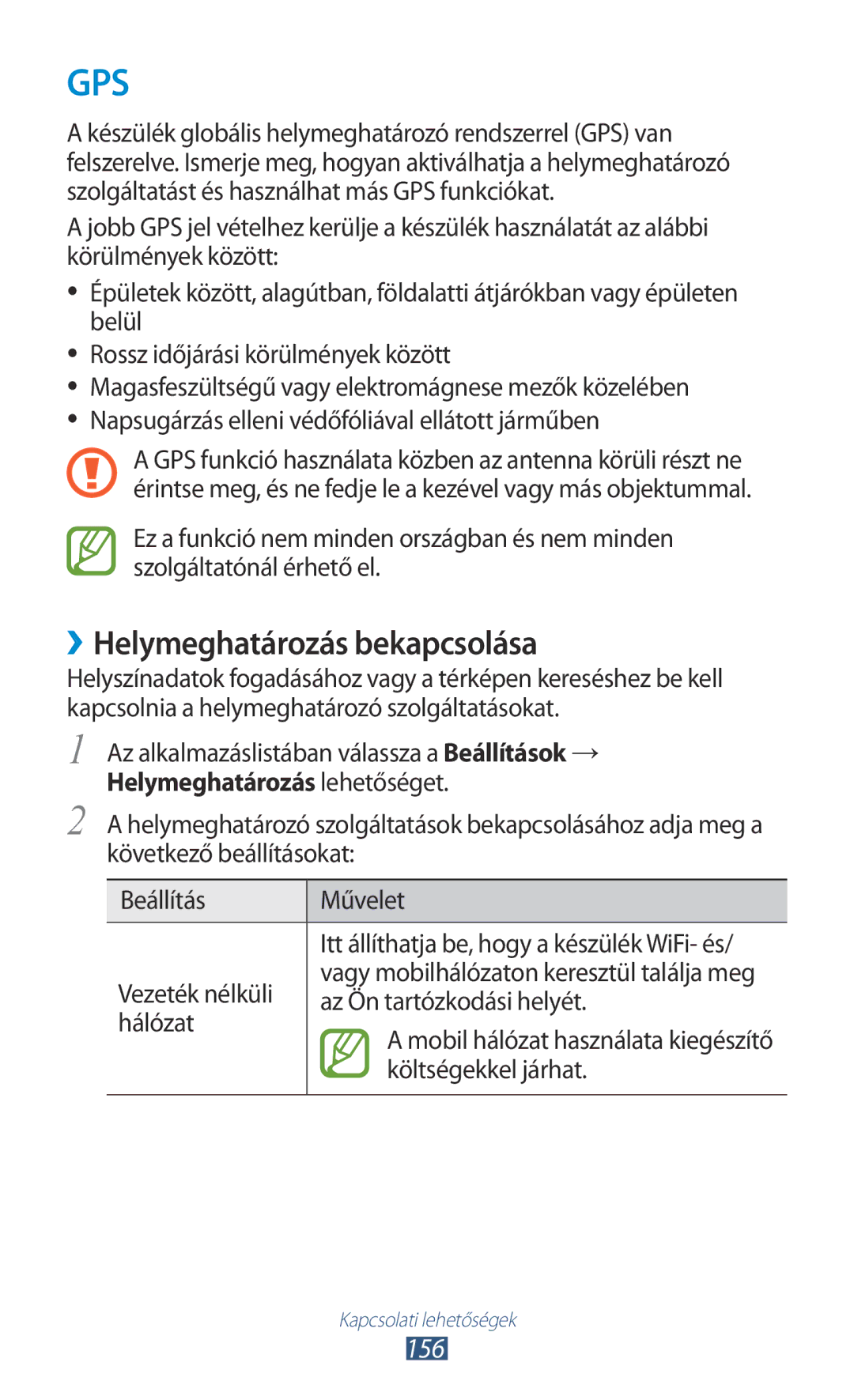 Samsung GT2N7000ZBATMH manual ››Helymeghatározás bekapcsolása, 156, Az Ön tartózkodási helyét, Hálózat, Költségekkel járhat 