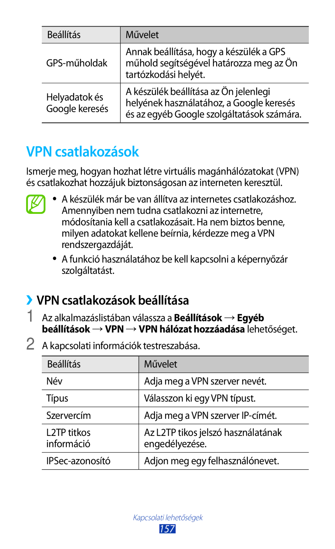 Samsung GT2N7000ZBAXEH, GT-N7000ZBADBT, GT-N7000ZBEATO, GT-N7000RWAATO manual ››VPN csatlakozások beállítása, 157 