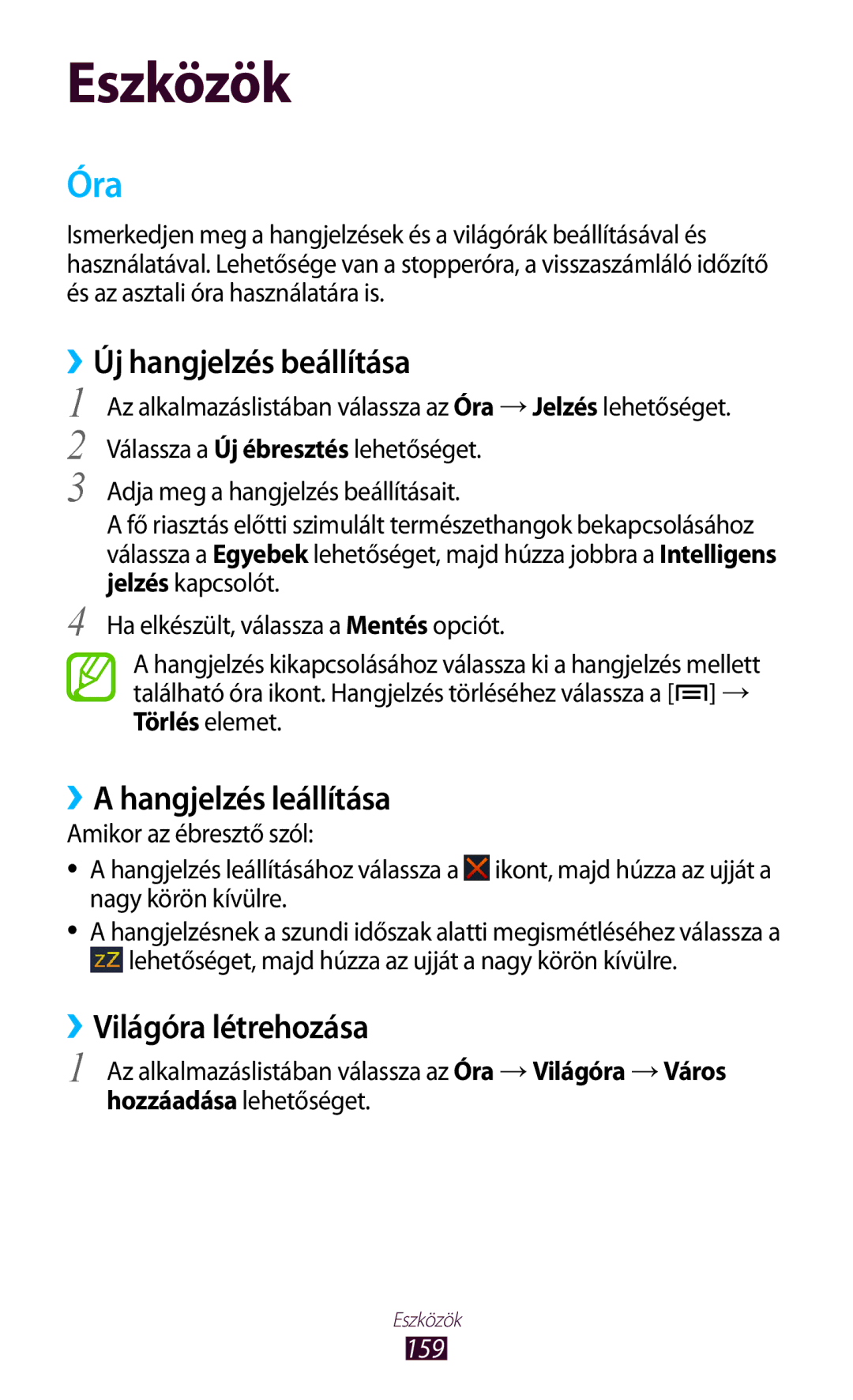 Samsung GT2N7000RWAXEH manual Óra, ››Új hangjelzés beállítása, ››A hangjelzés leállítása, ››Világóra létrehozása, 159 