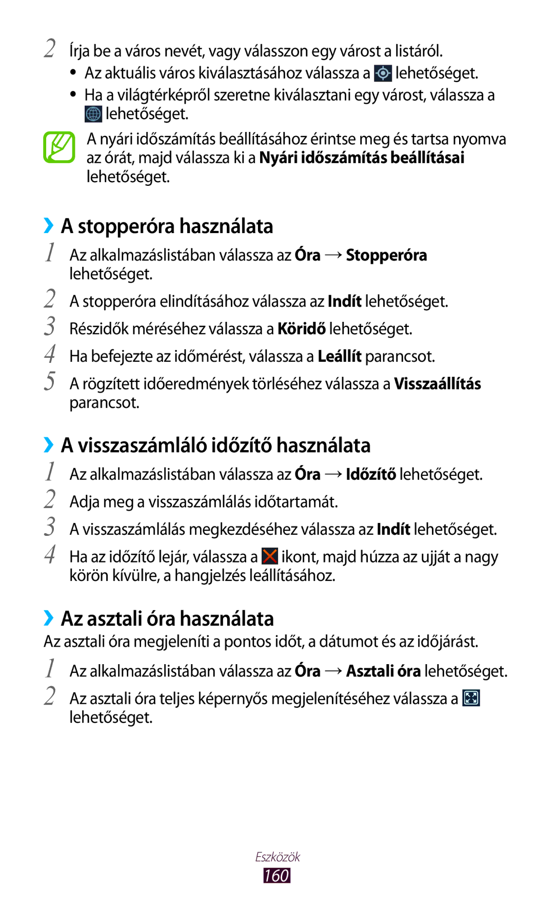 Samsung GT-N7000RWAXEH ››A stopperóra használata, ››A visszaszámláló időzítő használata, ››Az asztali óra használata, 160 