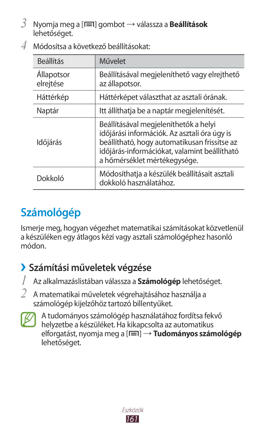 Samsung GT-N7000ZBAAUT, GT-N7000ZBADBT, GT-N7000ZBEATO, GT-N7000RWAATO manual Számológép, ››Számítási műveletek végzése, 161 